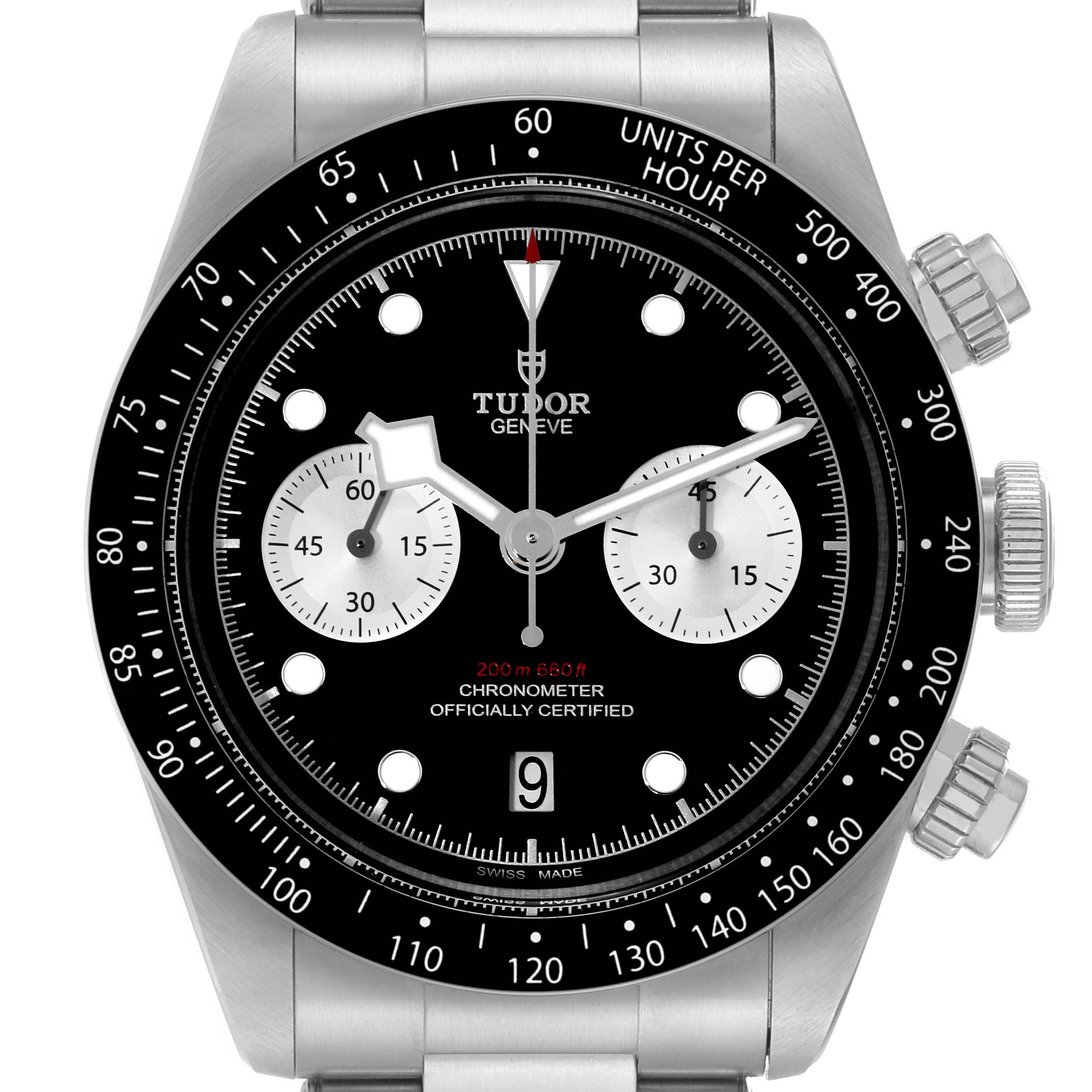 The image shows a front view of the Tudor Heritage Chrono 79360N-0001 Men's Stainless Steel Black Dial 79360N-0001 Men's Stainless Steel Black Dial watch, highlighting its black dial, sub-dials, and stainless steel case.