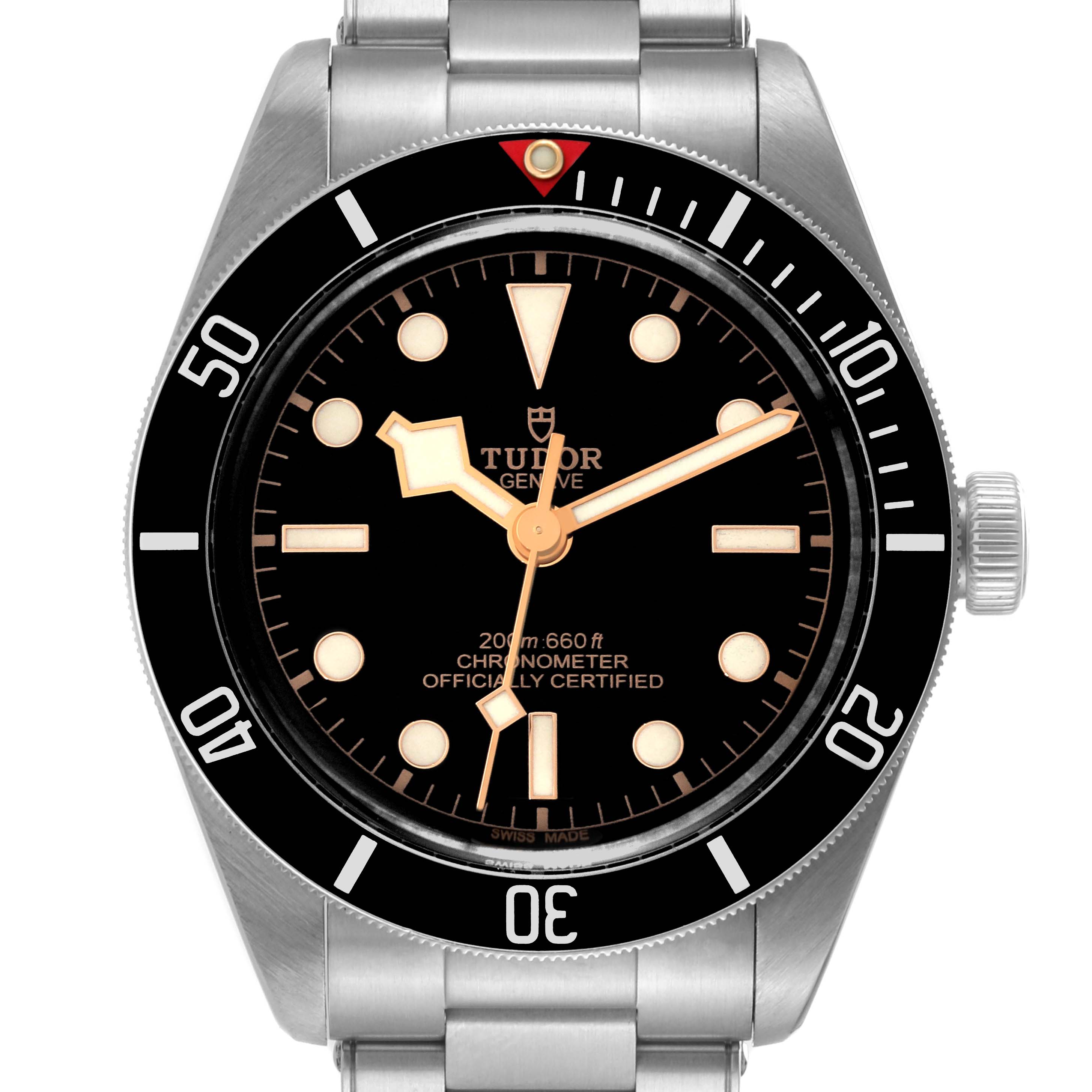 The image shows a front angle of a Tudor Heritage Black Bay M79030N-0001 Men
s Stainless Steel Black Dial M79030N-0001 Men
s Stainless Steel Black Dial watch, highlighting its black dial and stainless steel bracelet.