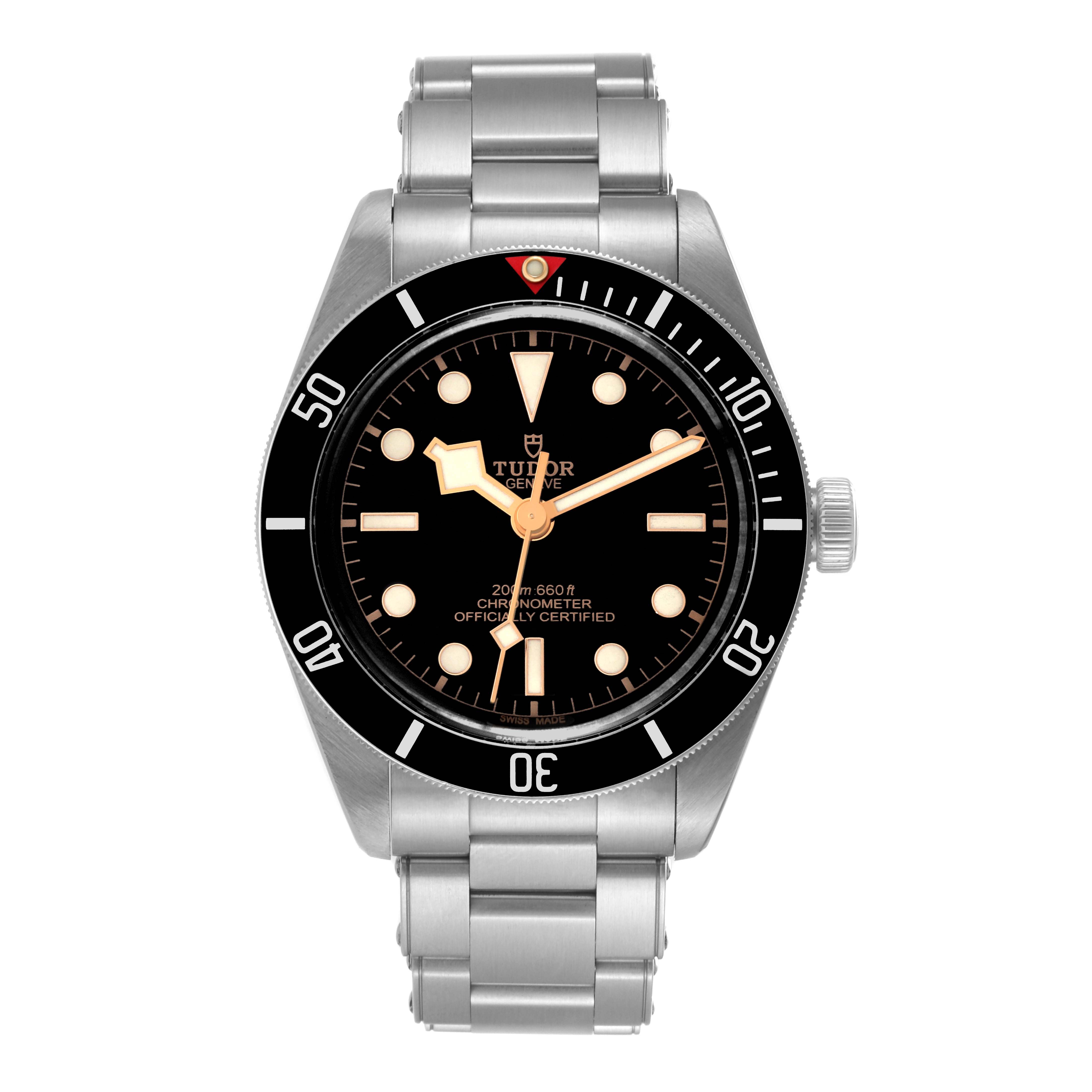 The image shows the front view of a Tudor Heritage Black Bay M79030N-0001 Men
s Stainless Steel Black Dial M79030N-0001 Men
s Stainless Steel Black Dial watch, highlighting its dial, bezel, and bracelet.