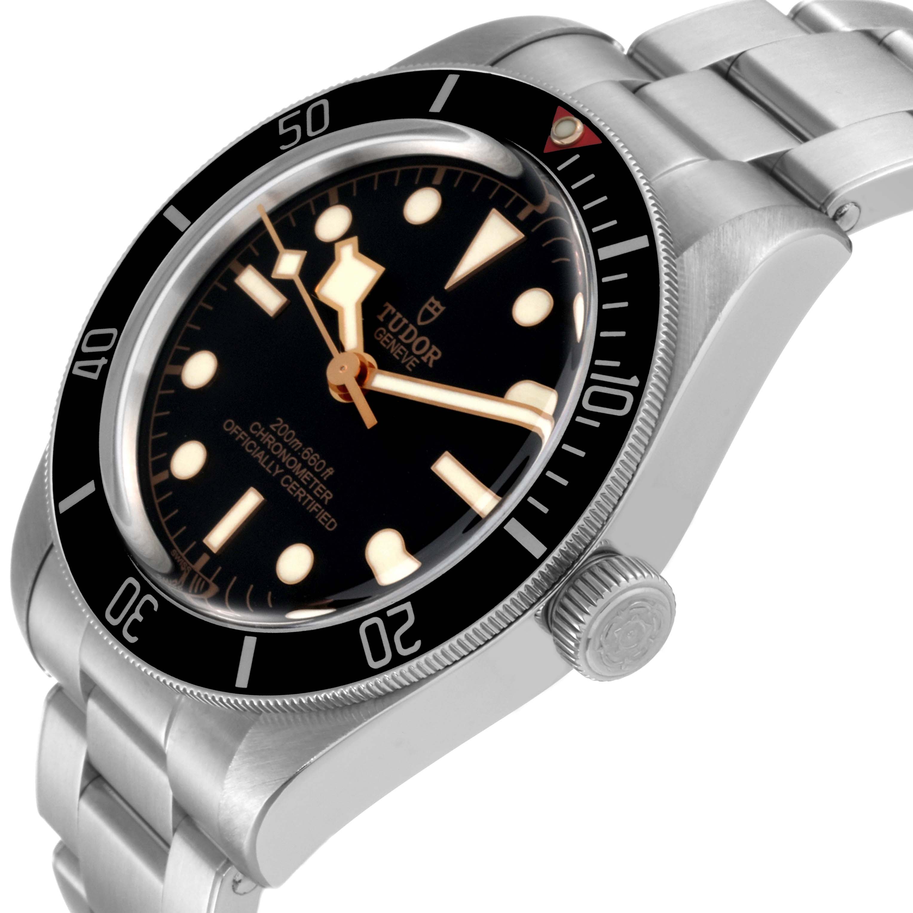 This Tudor Heritage Black Bay M79030N-0001 Men
s Stainless Steel Black Dial M79030N-0001 Men
s Stainless Steel Black Dial watch is shown at an angled view, highlighting the dial, bezel, crown, and part of the stainless steel bracelet.