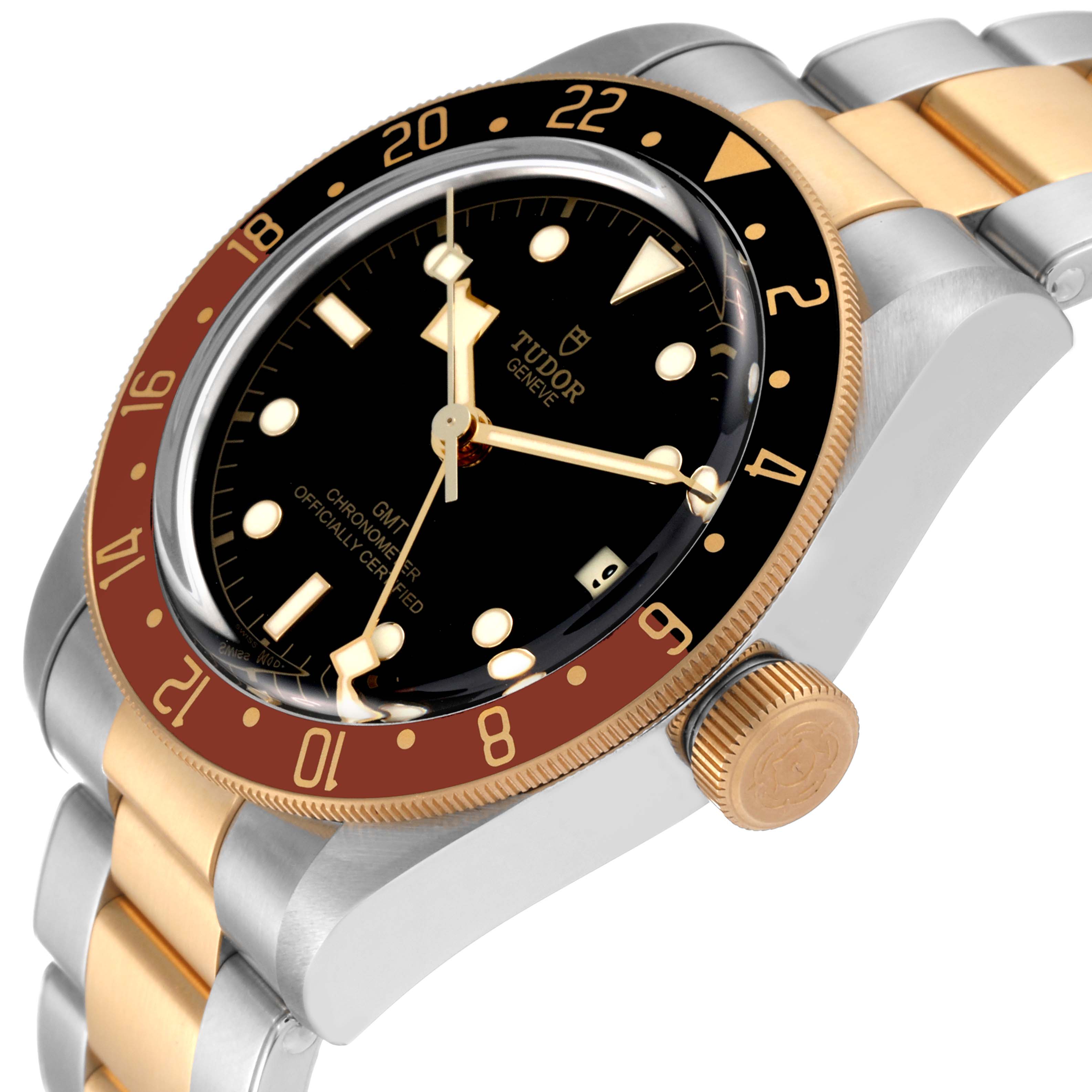 The Tudor Heritage Black Bay 79833MN Men's Steel and Gold (two tone) Black Dial 79833MN Men's Steel and Gold (two tone) Black Dial watch is shown at an angled view, highlighting the dial, bezel, crown, and part of the bracelet.
