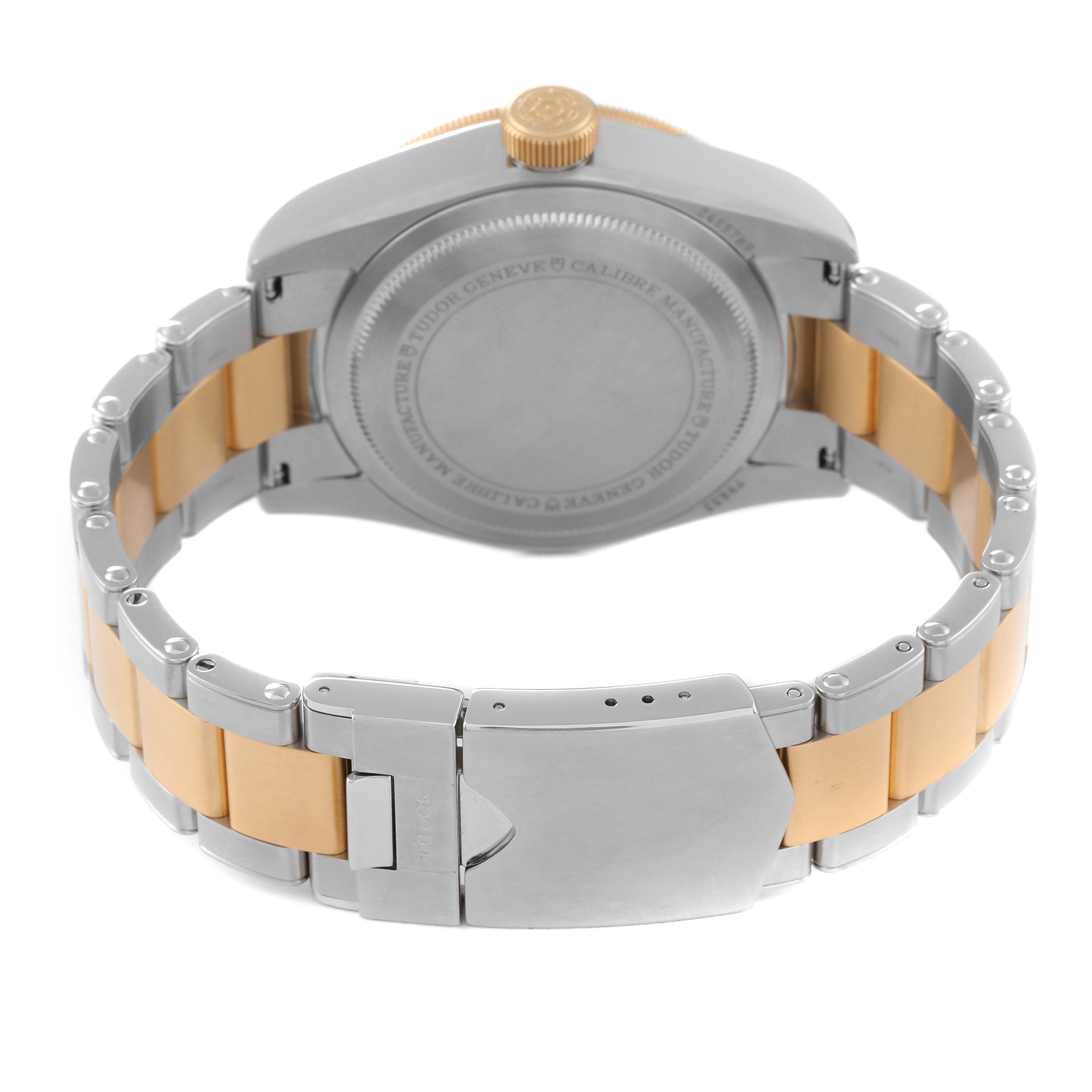The image shows the back case and bracelet of a Tudor Heritage Black Bay 79833MN Men's Steel and Gold (two tone) Black Dial 79833MN Men's Steel and Gold (two tone) Black Dial watch, viewed from the rear angle.