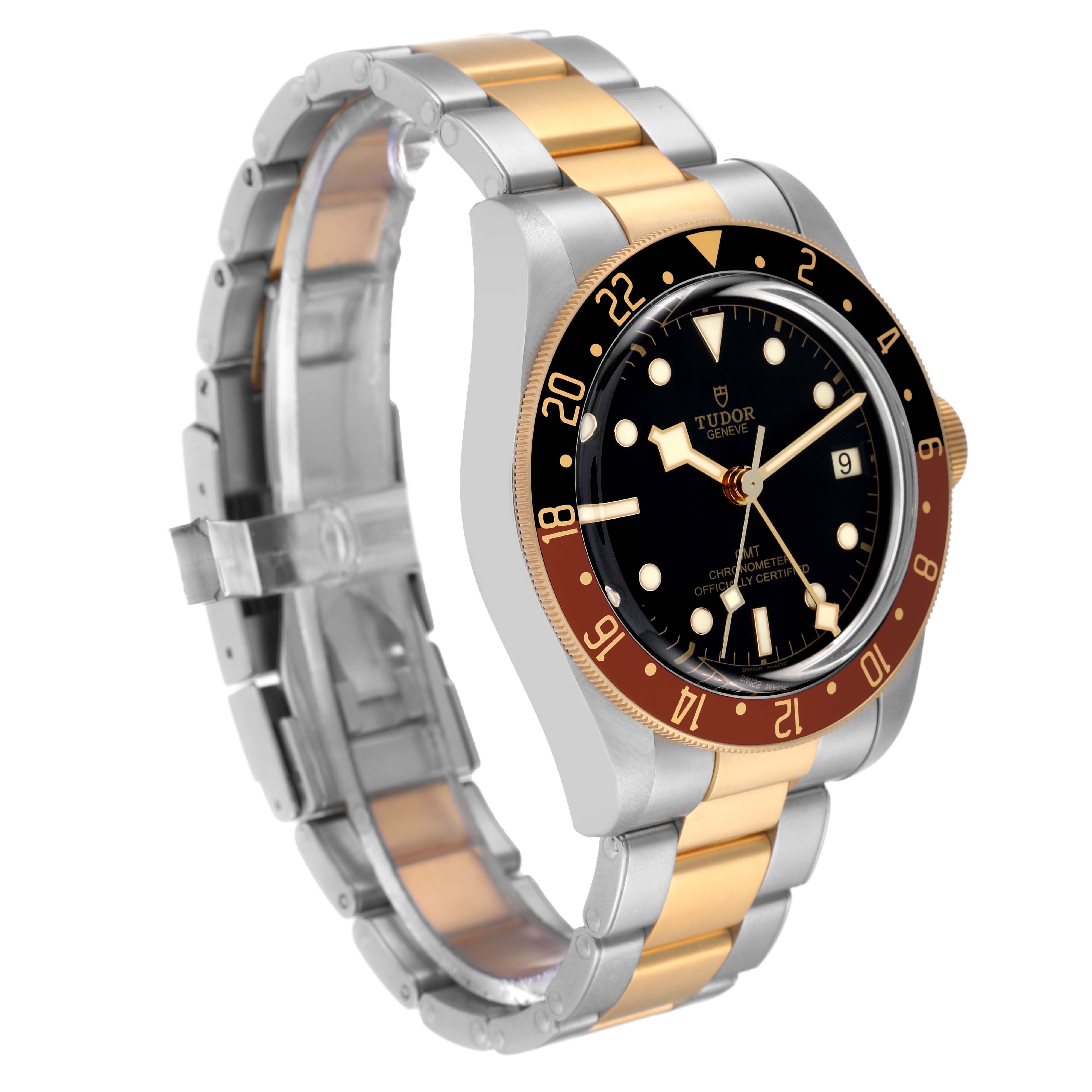 The Tudor Heritage Black Bay 79833MN Men's Steel and Gold (two tone) Black Dial 79833MN Men's Steel and Gold (two tone) Black Dial watch is shown at an oblique angle, displaying its face, bezel, and two-tone bracelet.