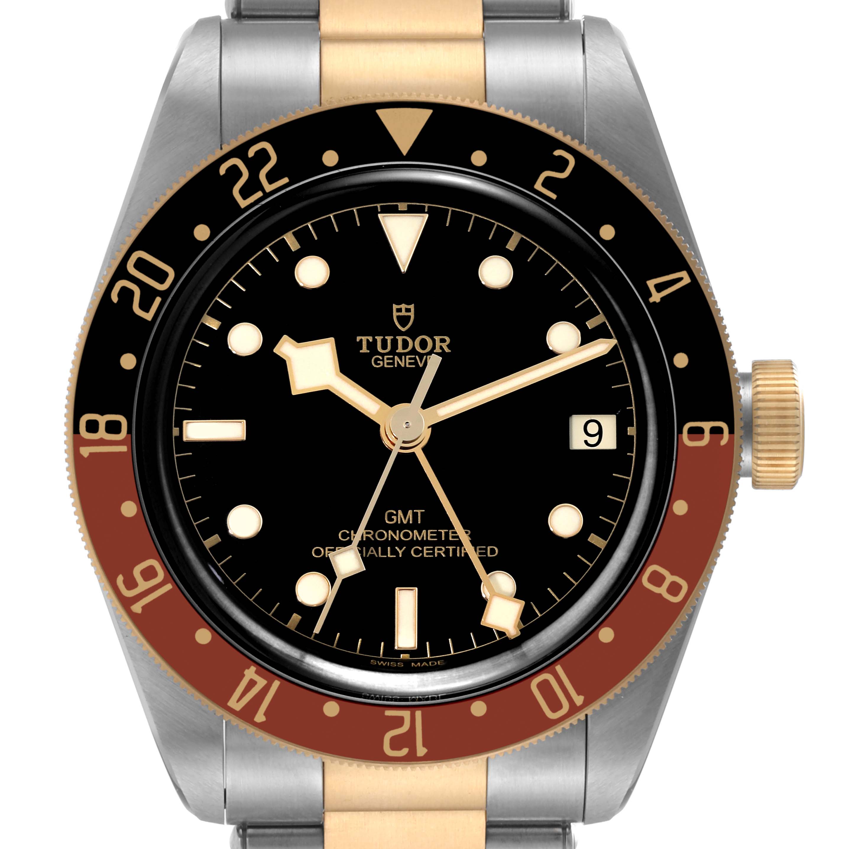 This image shows a front view of the Tudor Heritage Black Bay 79833MN Men's Steel and Gold (two tone) Black Dial 79833MN Men's Steel and Gold (two tone) Black Dial watch, highlighting the face, bezel, and part of the bracelet.