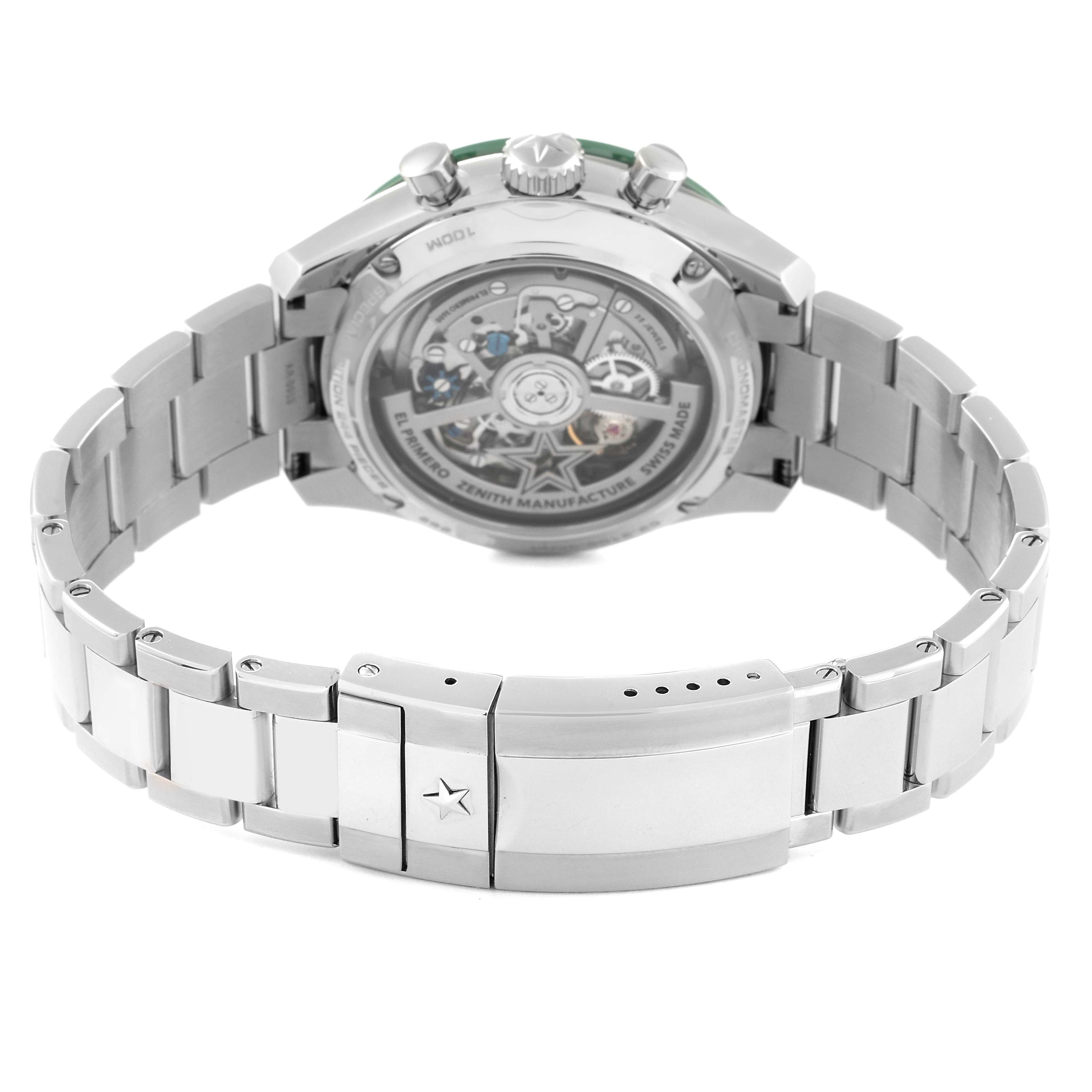 The image shows the back and bracelet of the Zenith Chronomaster 03.3108.3600/57.M3100 Men
s Stainless Steel Green Dial 03.3108.3600/57.M3100 Men
s Stainless Steel Green Dial watch, highlighting the transparent case back and clasp.