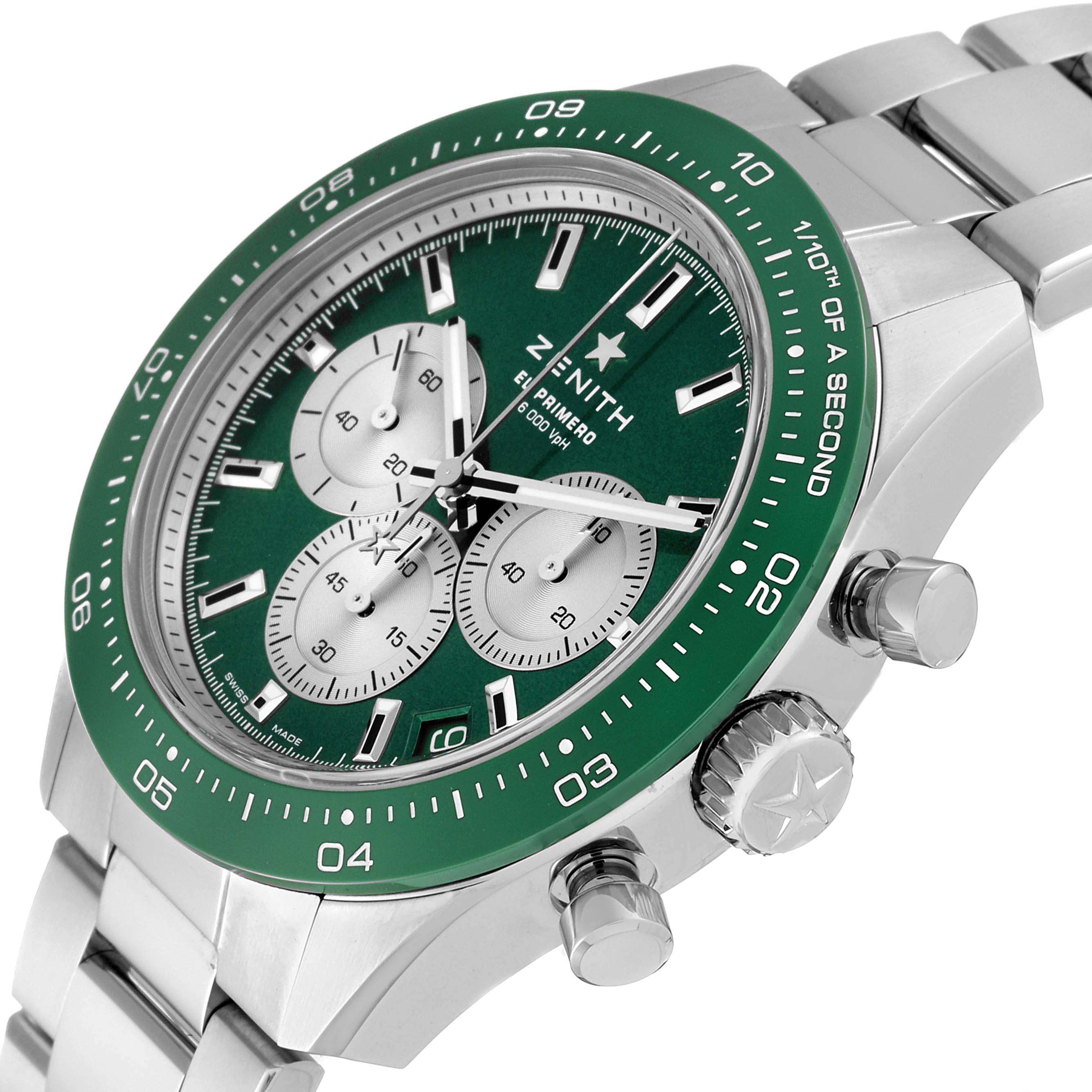 The Zenith Chronomaster 03.3108.3600/57.M3100 Men
s Stainless Steel Green Dial 03.3108.3600/57.M3100 Men
s Stainless Steel Green Dial watch is shown from a front angle, highlighting the green bezel, dial, subdials, and pushers.