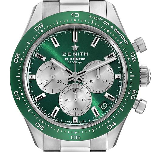 The Zenith Chronomaster watch is shown from a front view, highlighting the green bezel, dial, subdials, and crown.