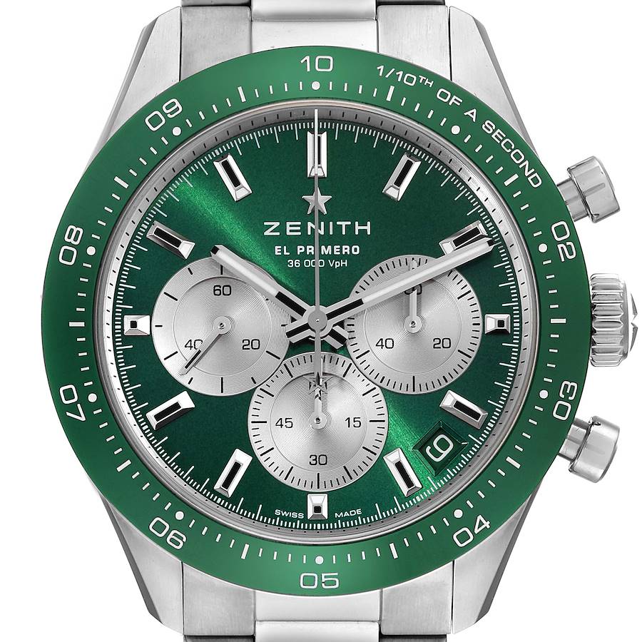The Zenith Chronomaster watch is shown from a front view, highlighting the green dial, subdials, bezel, and crown.