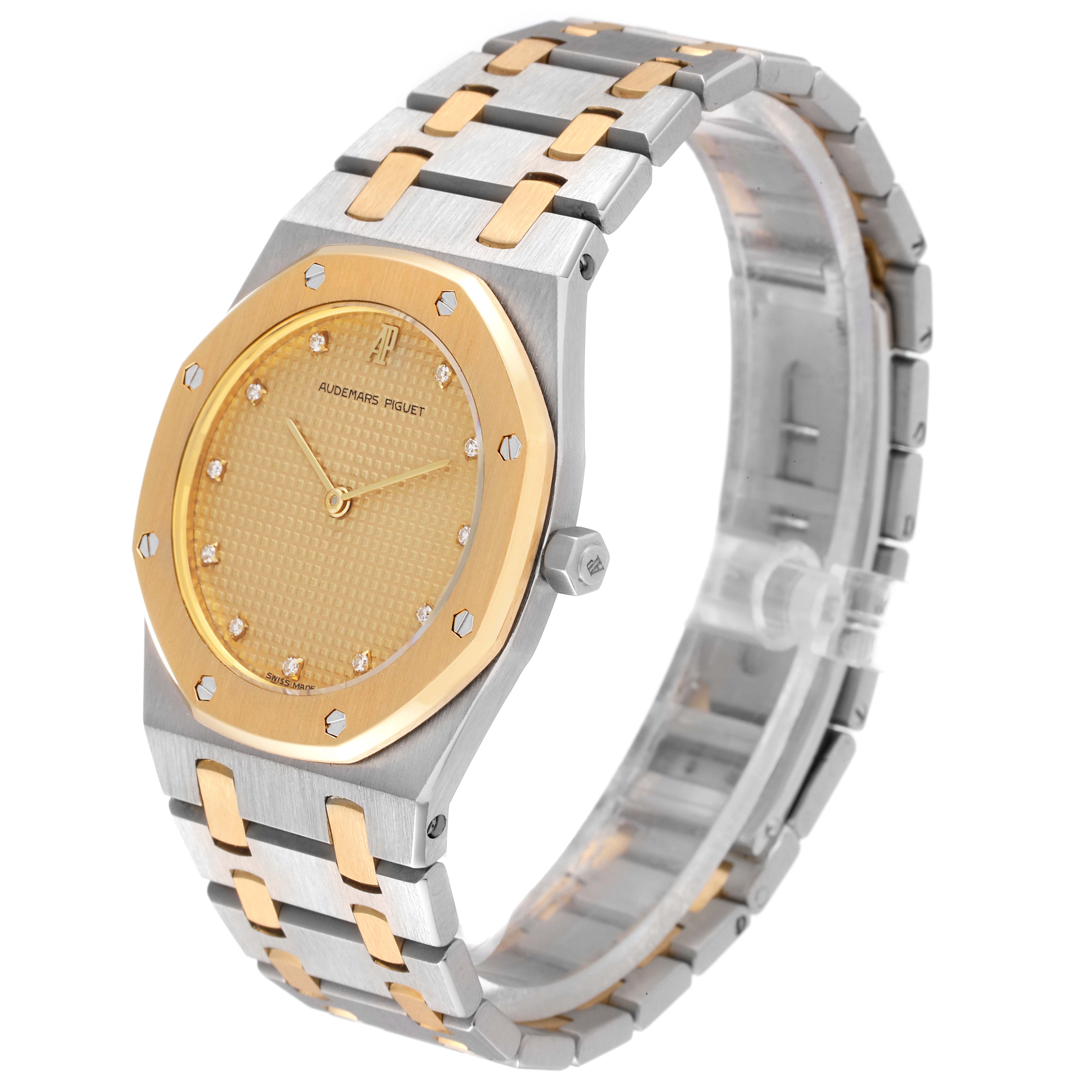 This Audemars Piguet Royal Oak 56303SA Women's Steel and Gold (two tone) Champagne Dial 56303SA Women's Steel and Gold (two tone) Champagne Dial watch is shown at a slight angle, highlighting the bezel, dial, bracelet, and crown.