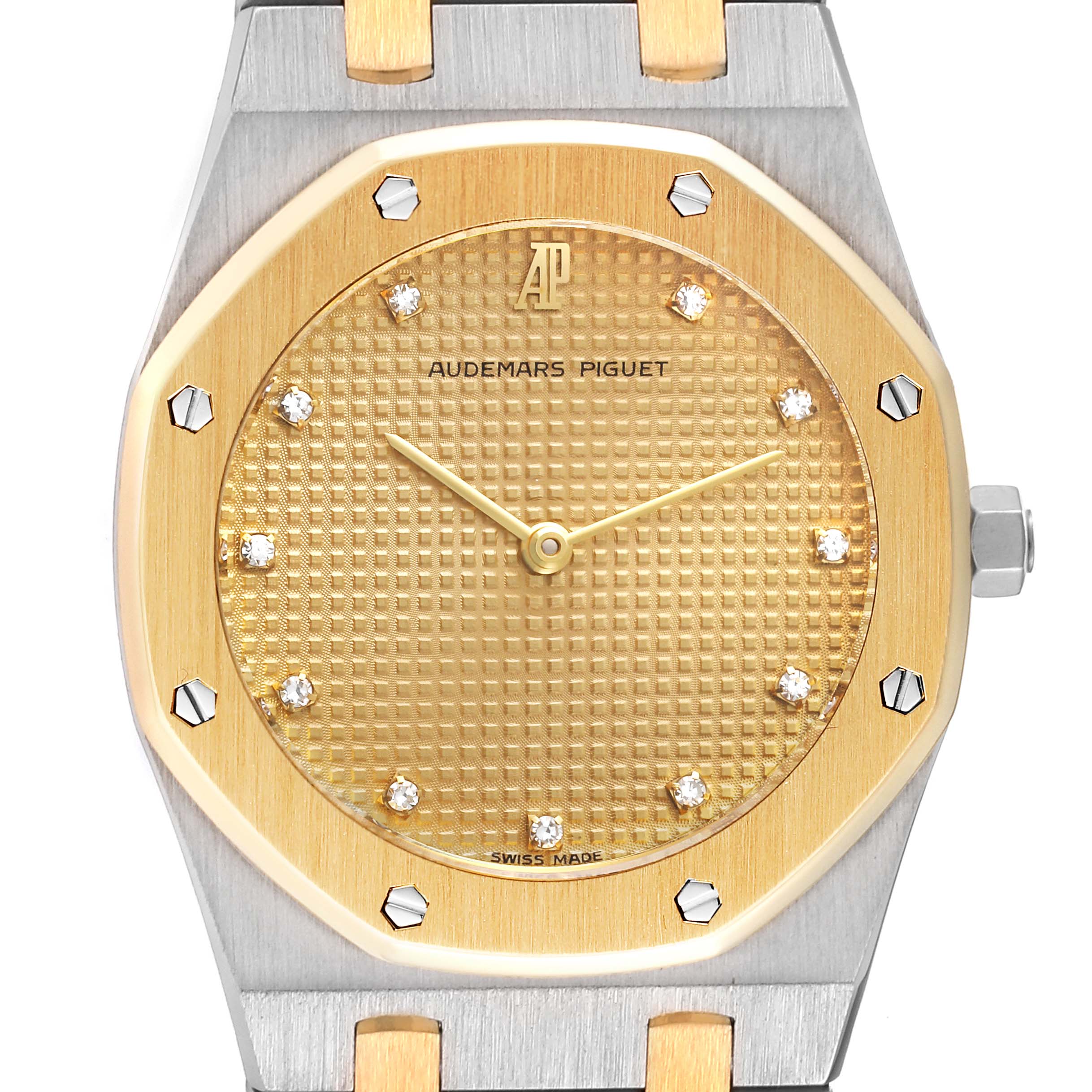 The image shows a front view of an Audemars Piguet Royal Oak 56303SA Women's Steel and Gold (two tone) Champagne Dial 56303SA Women's Steel and Gold (two tone) Champagne Dial watch, highlighting its gold-toned dial and octagonal bezel.