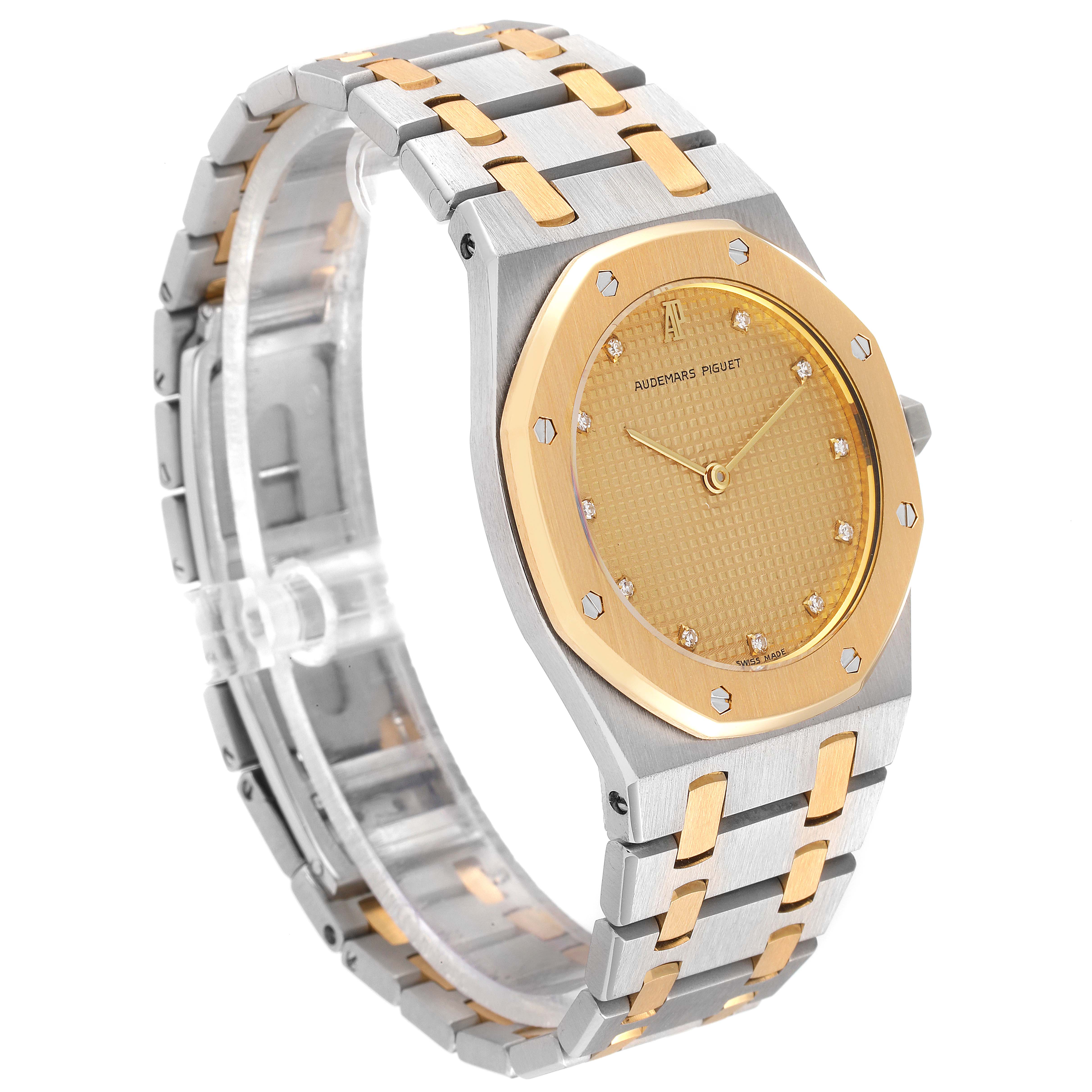 This Audemars Piguet Royal Oak 56303SA Women's Steel and Gold (two tone) Champagne Dial 56303SA Women's Steel and Gold (two tone) Champagne Dial watch is shown at a three-quarter angle, highlighting the face, bezel, and bracelet.