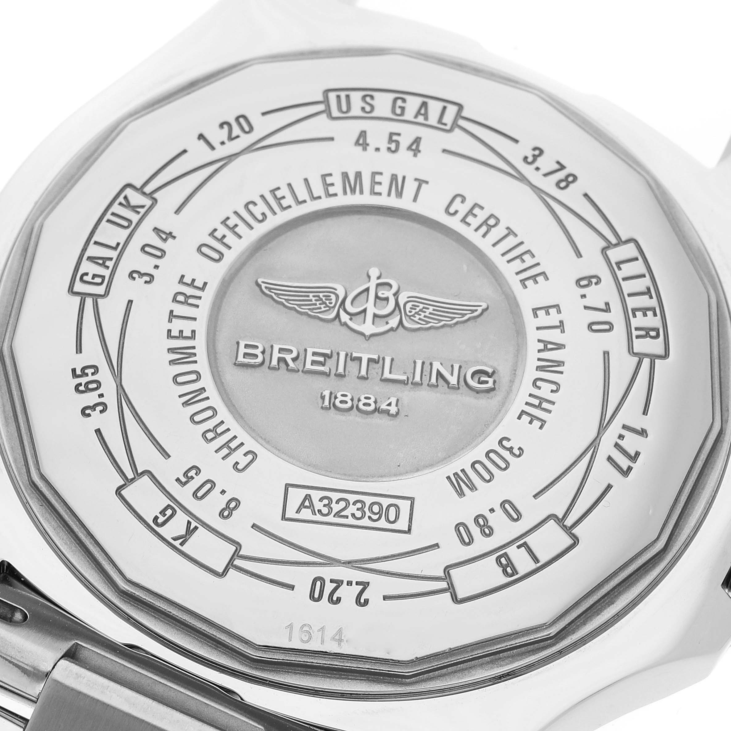 The image shows the back case of a Breitling Avenger A32390 Men's Stainless Steel Beige Dial A32390 Men's Stainless Steel Beige Dial watch with conversion charts engraved.