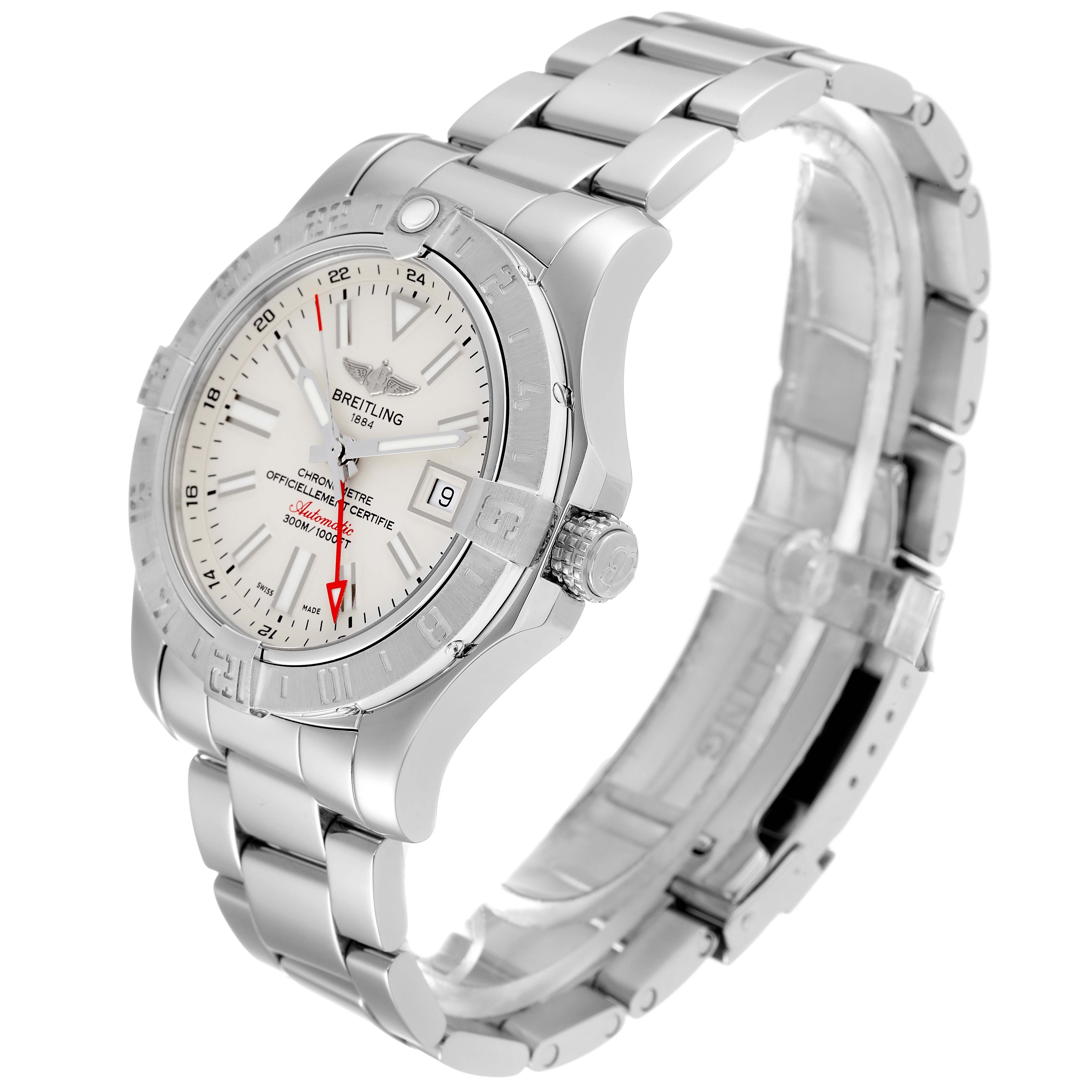 The image shows a Breitling Avenger A32390 Men's Stainless Steel Beige Dial A32390 Men's Stainless Steel Beige Dial watch angled from the right side, highlighting the face, bezel, crown, and bracelet.