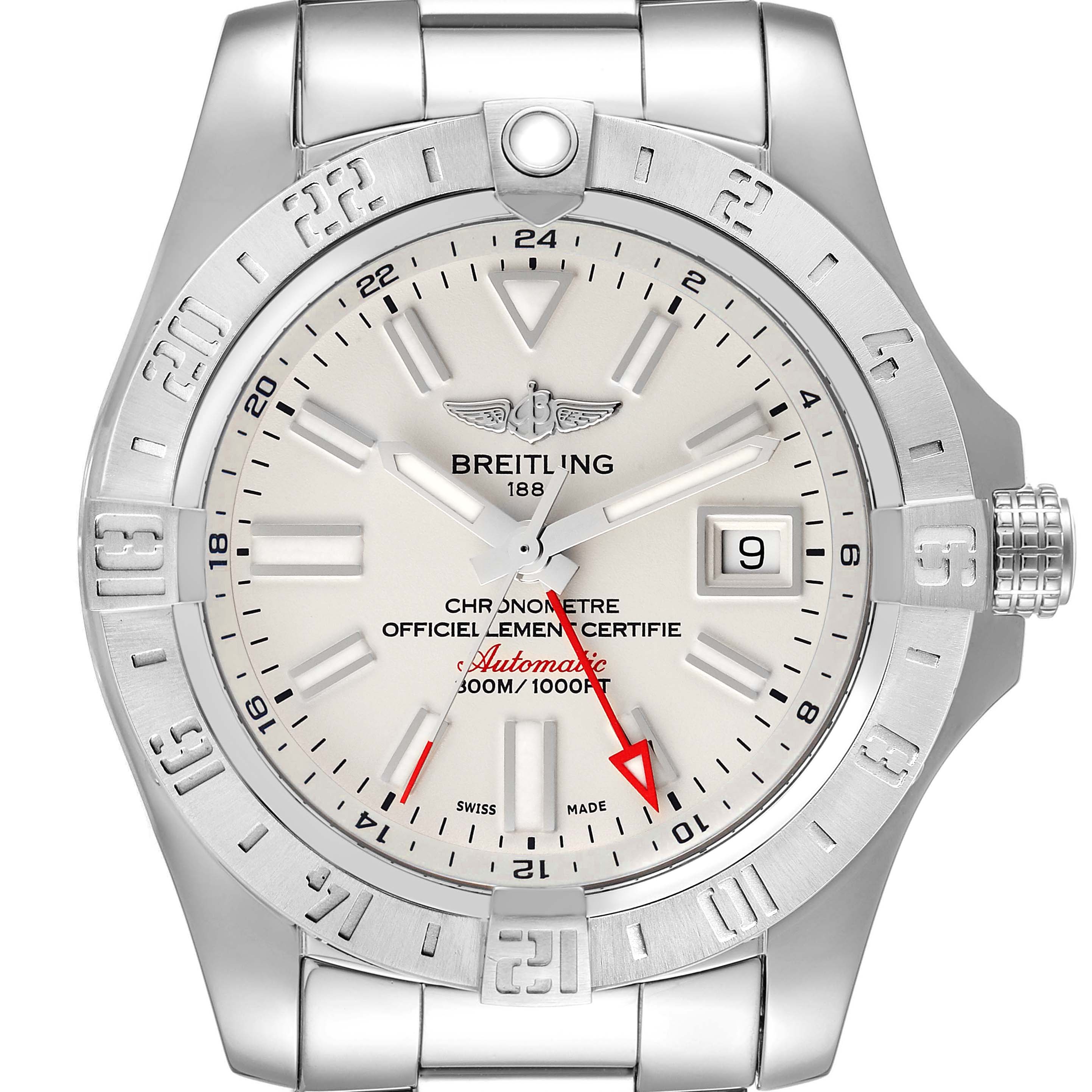This image shows a Breitling Avenger A32390 Men's Stainless Steel Beige Dial A32390 Men's Stainless Steel Beige Dial watch from a top-down angle, highlighting the dial, bezel, and portions of the band.