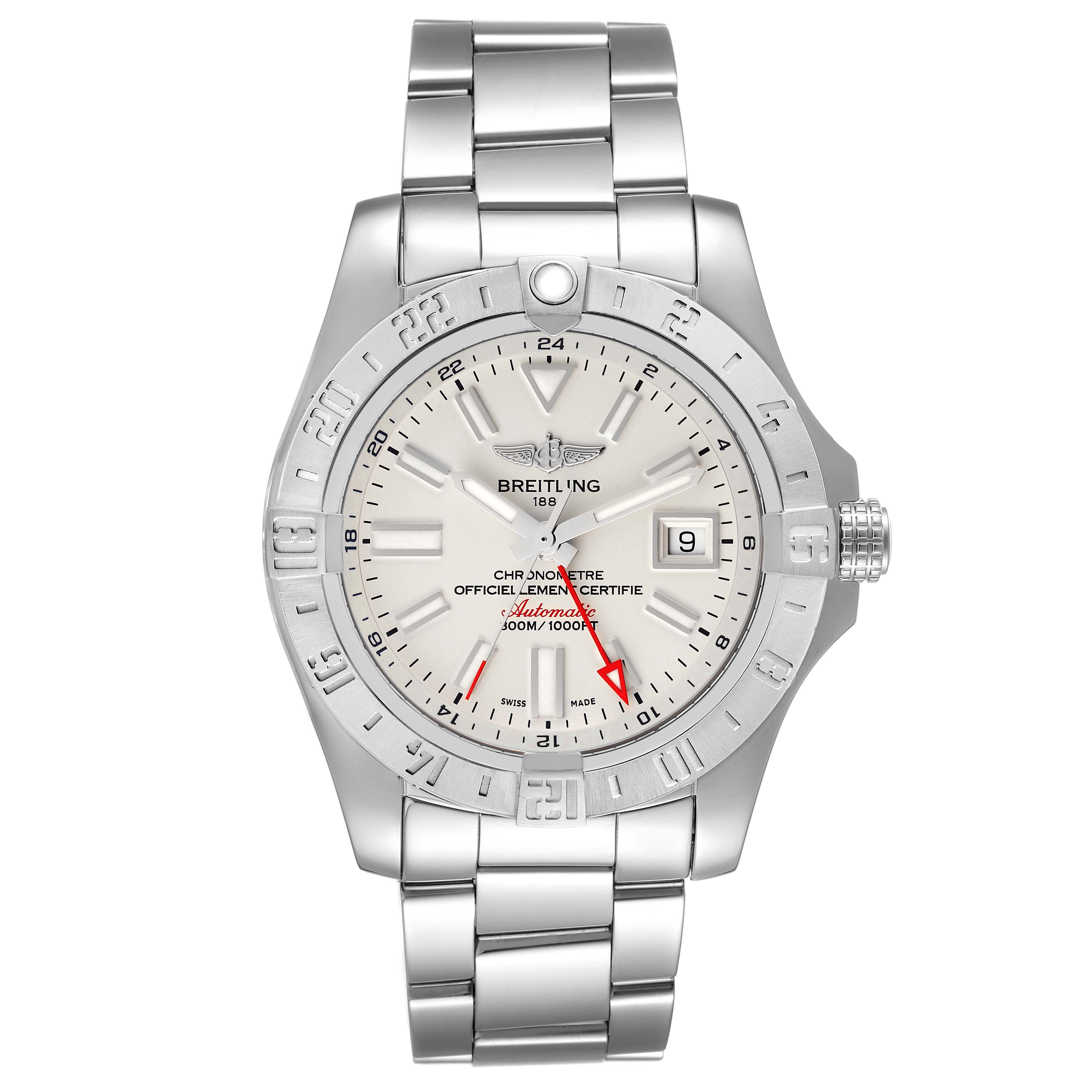The image shows a front view of a Breitling Avenger A32390 Men's Stainless Steel Beige Dial A32390 Men's Stainless Steel Beige Dial model watch, displaying the dial, bezel, crown, and metal bracelet.