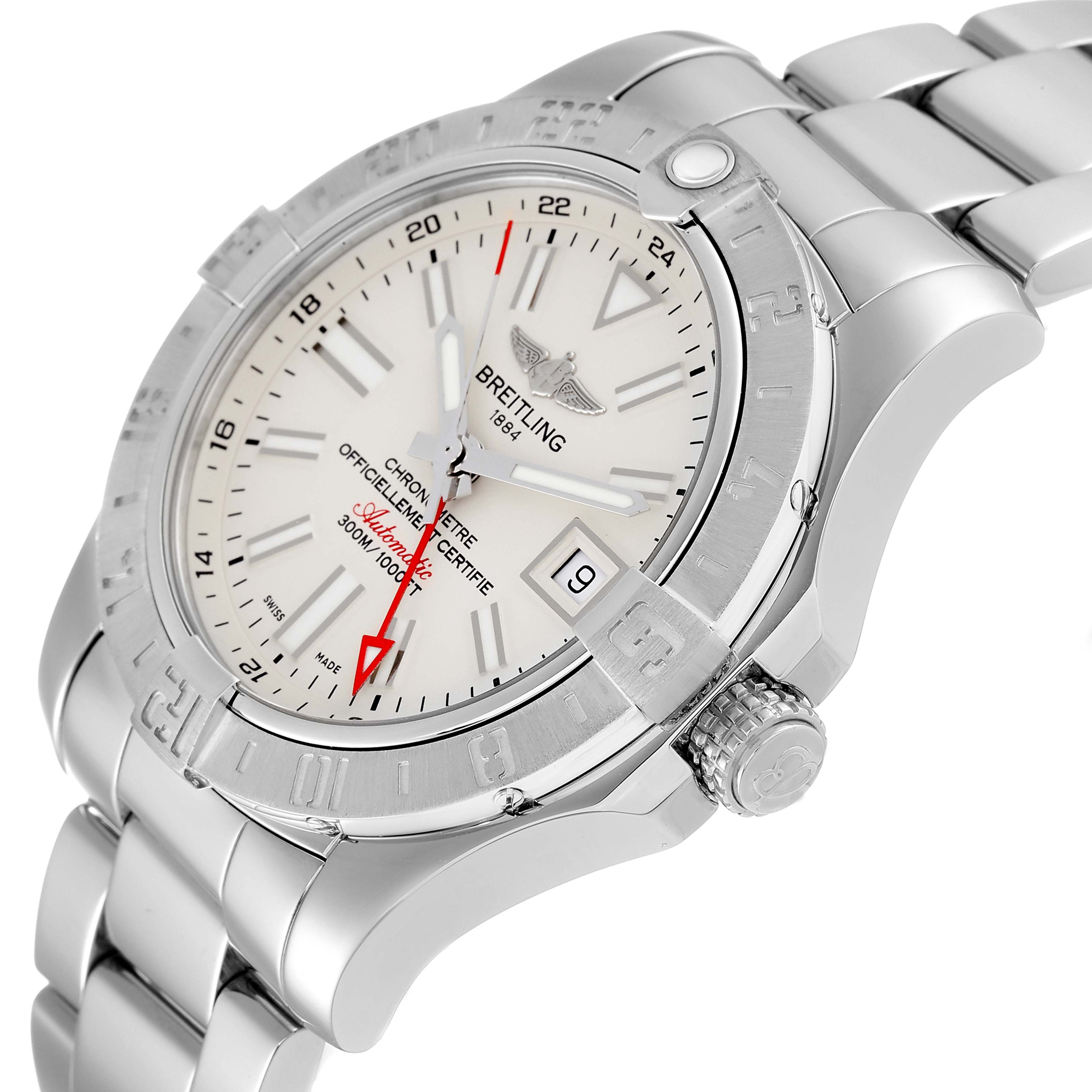 The image shows a side and partial front view of a Breitling Avenger A32390 Men's Stainless Steel Beige Dial A32390 Men's Stainless Steel Beige Dial watch, highlighting the crown, bezel, and bracelet.