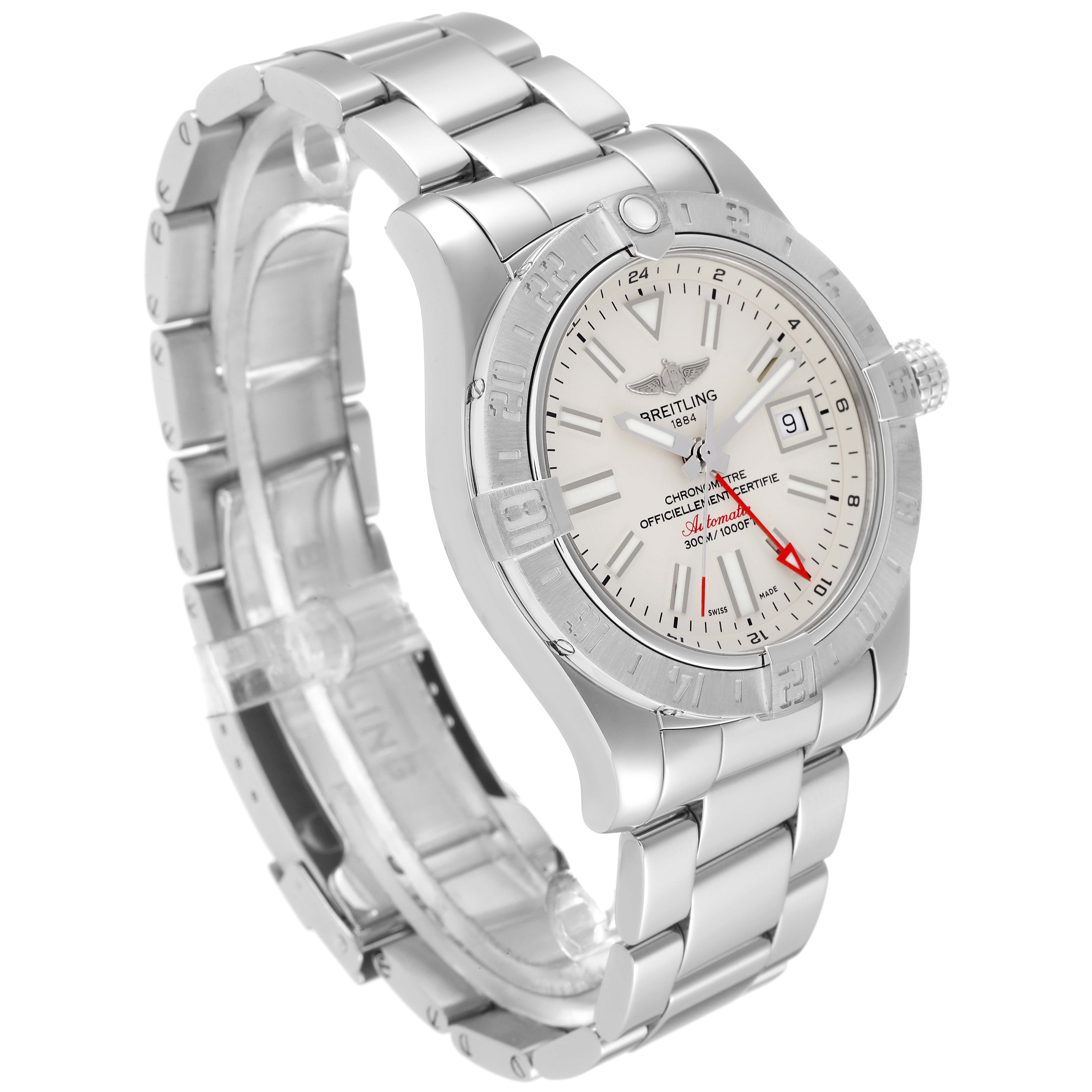 The Breitling Avenger A32390 Men's Stainless Steel Beige Dial A32390 Men's Stainless Steel Beige Dial watch is shown at a slight angle, displaying its round face, bezel, crown, and metal bracelet.