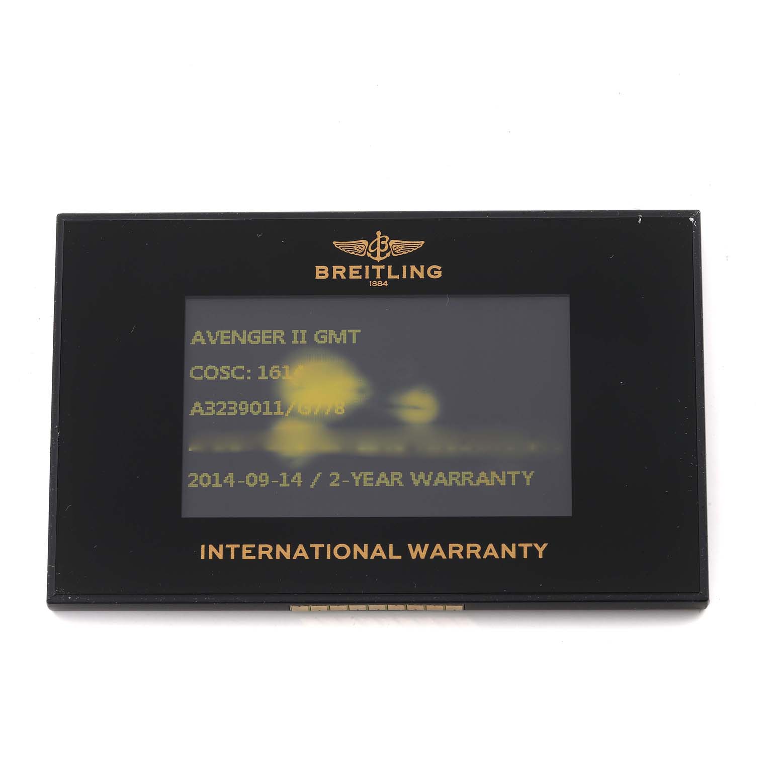 The image shows the international warranty card for the Breitling Avenger A32390 Men's Stainless Steel Beige Dial A32390 Men's Stainless Steel Beige Dial II GMT watch.