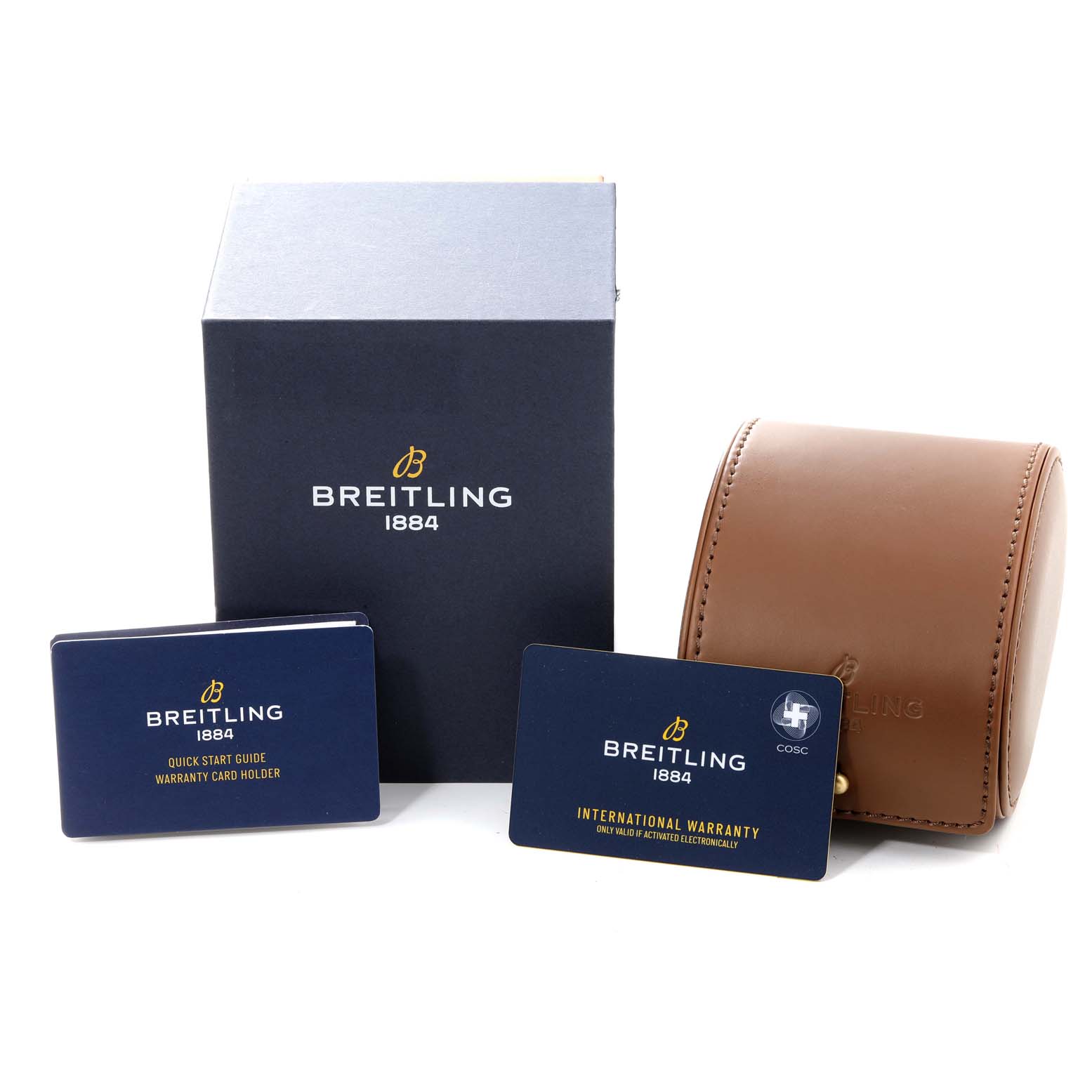 The image shows a Breitling Avenger A17318 Men's Stainless Steel Blue Dial A17318 Men's Stainless Steel Blue Dial model watch's box, brown case, quick start guide, and international warranty card.