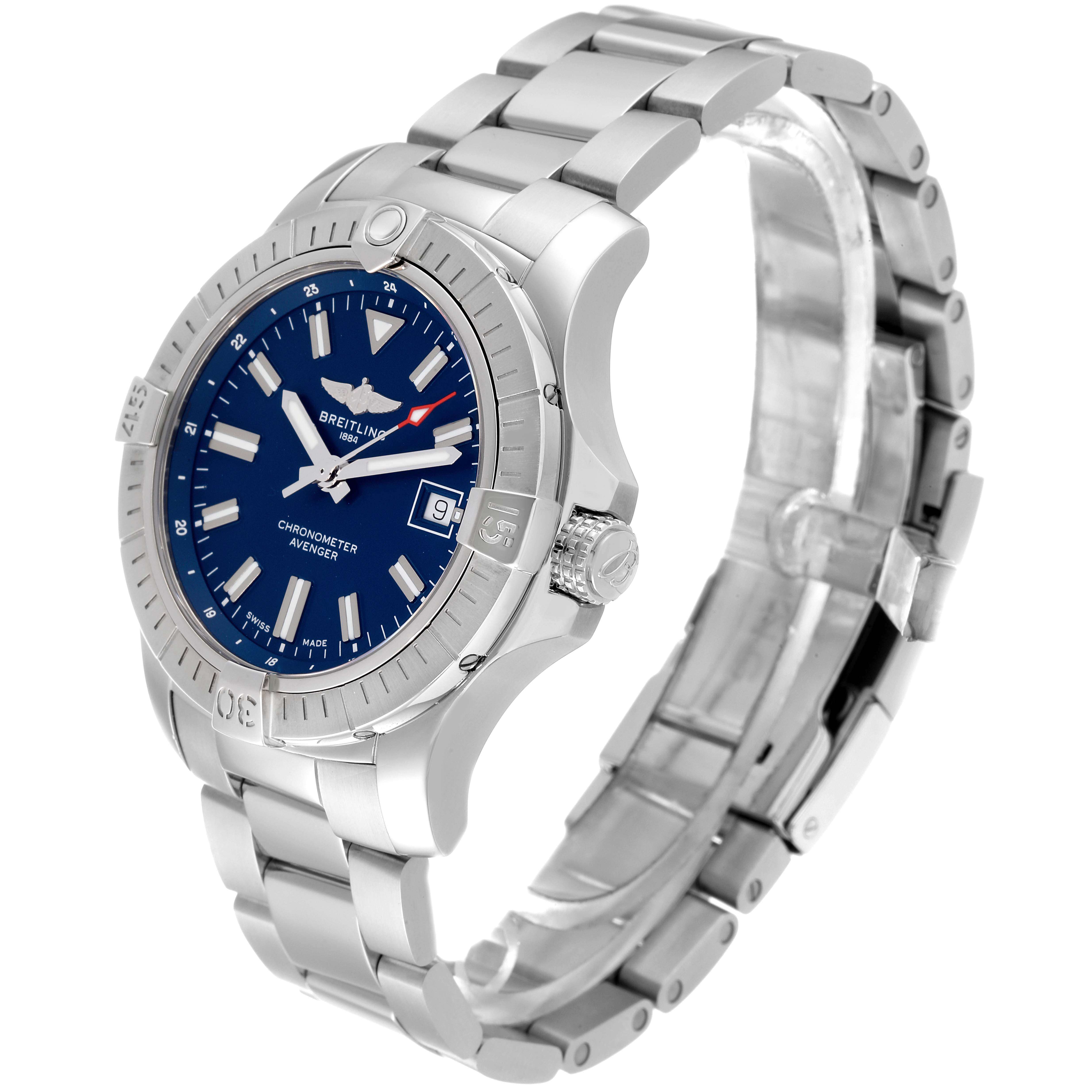 The image shows a side view and partial face of a Breitling Avenger A17318 Men's Stainless Steel Blue Dial A17318 Men's Stainless Steel Blue Dial watch with a blue dial and metal bracelet.