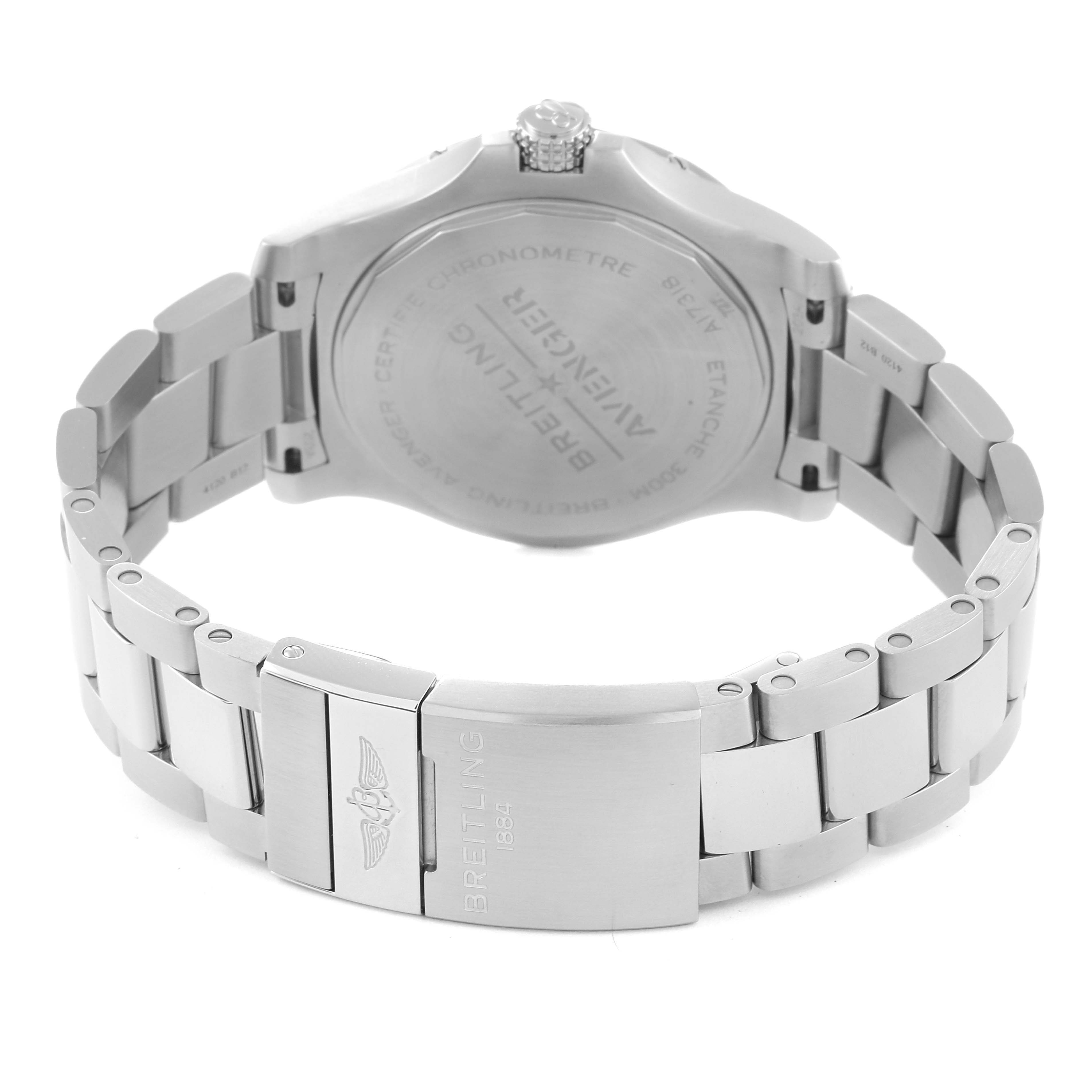 The image shows the back case and bracelet of a Breitling Avenger A17318 Men's Stainless Steel Blue Dial A17318 Men's Stainless Steel Blue Dial watch, highlighting the engraved details and clasp.