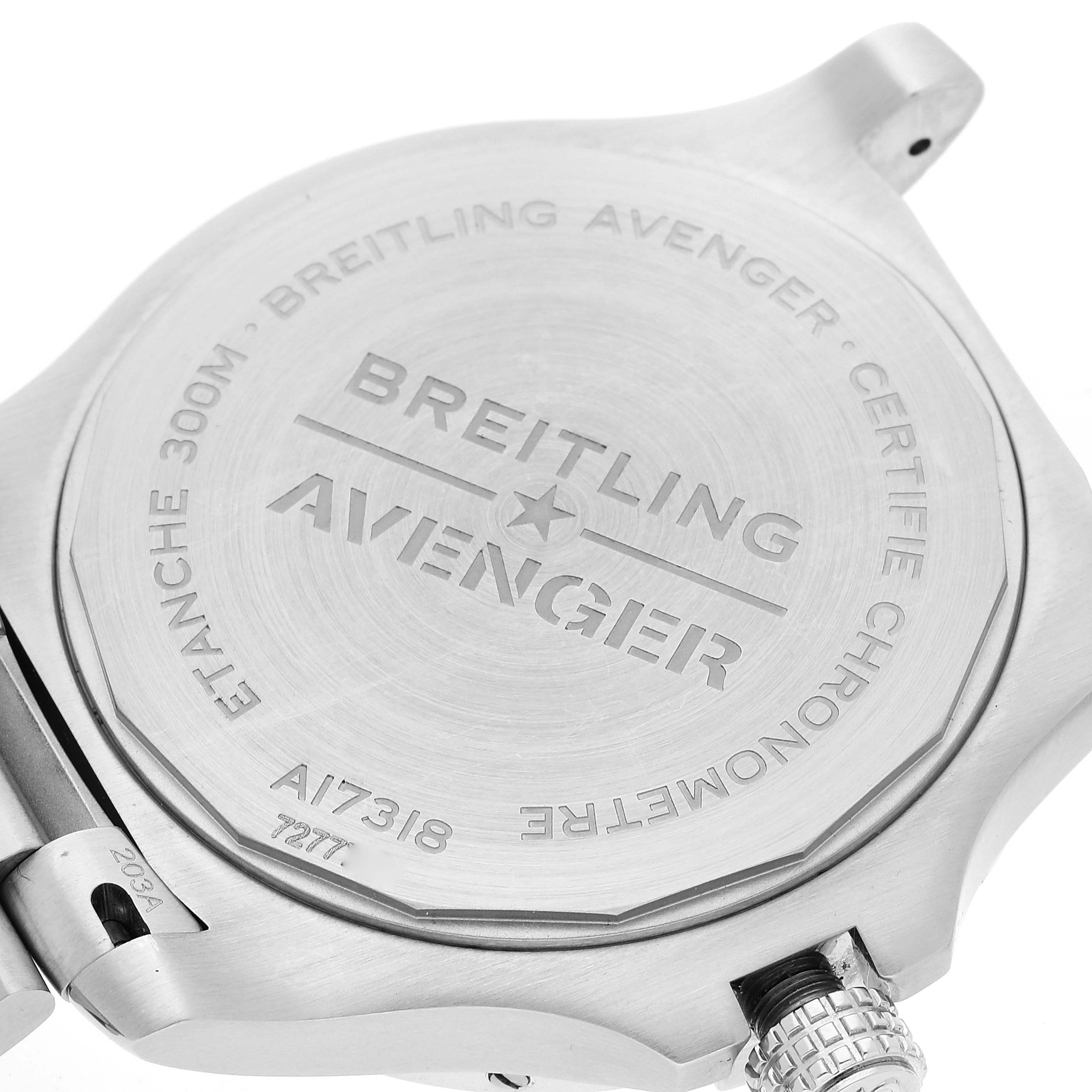 The image shows the case back of a Breitling Avenger A17318 Men's Stainless Steel Blue Dial A17318 Men's Stainless Steel Blue Dial watch, emphasizing its branding and model details.