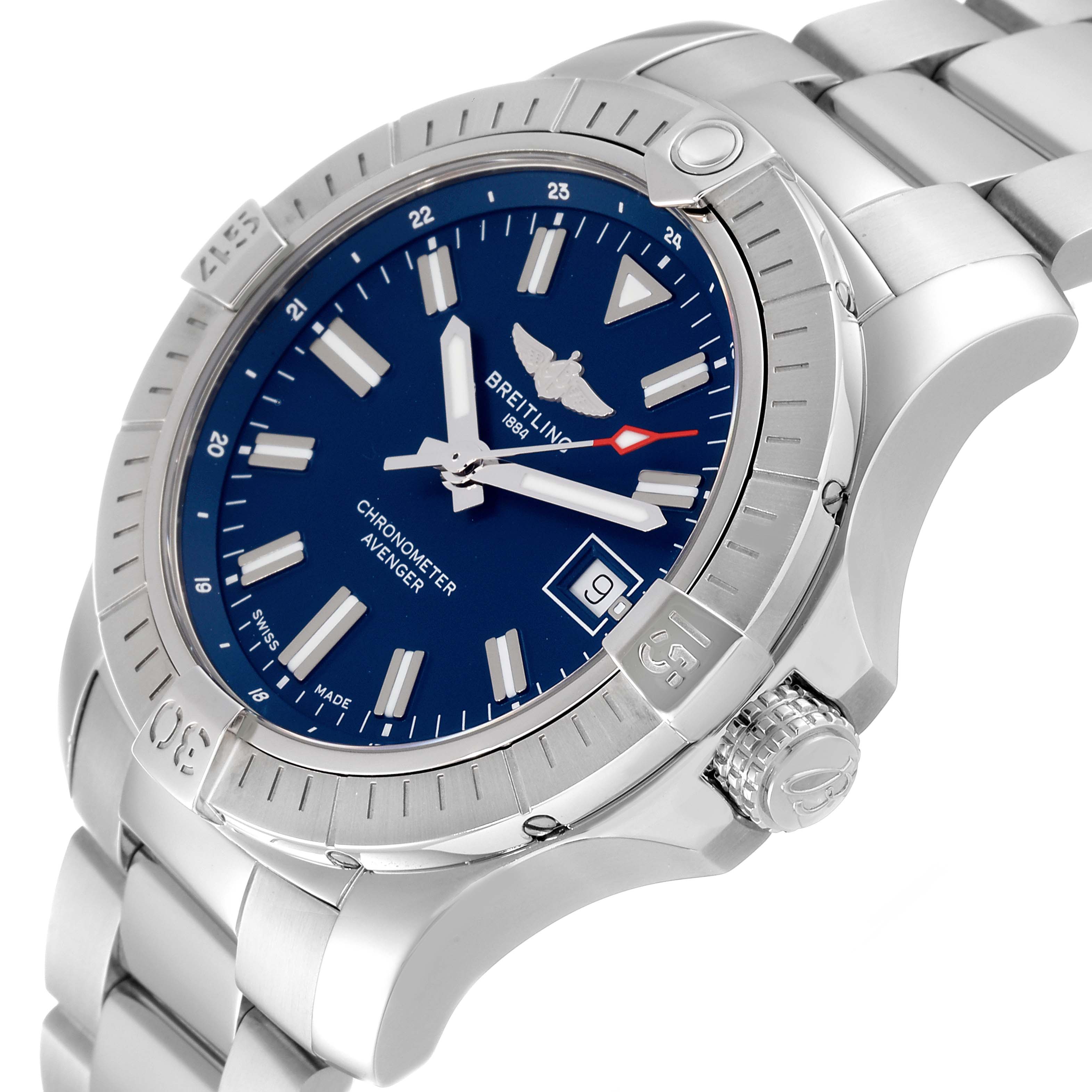 The image shows a side angle of the Breitling Avenger A17318 Men's Stainless Steel Blue Dial A17318 Men's Stainless Steel Blue Dial watch, highlighting the bezel, dial, hands, crown, and part of the bracelet.