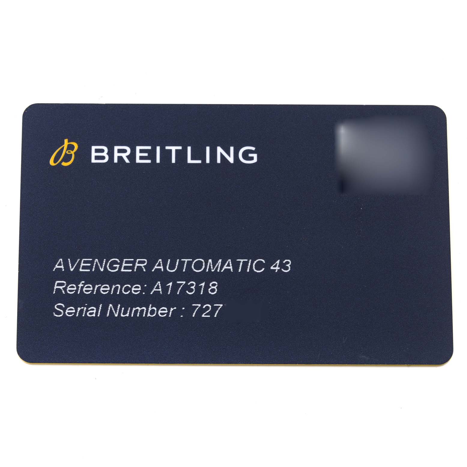 The image shows the registration card for the Avenger Automatic 43 model by Breitling, displaying the reference and serial number.
