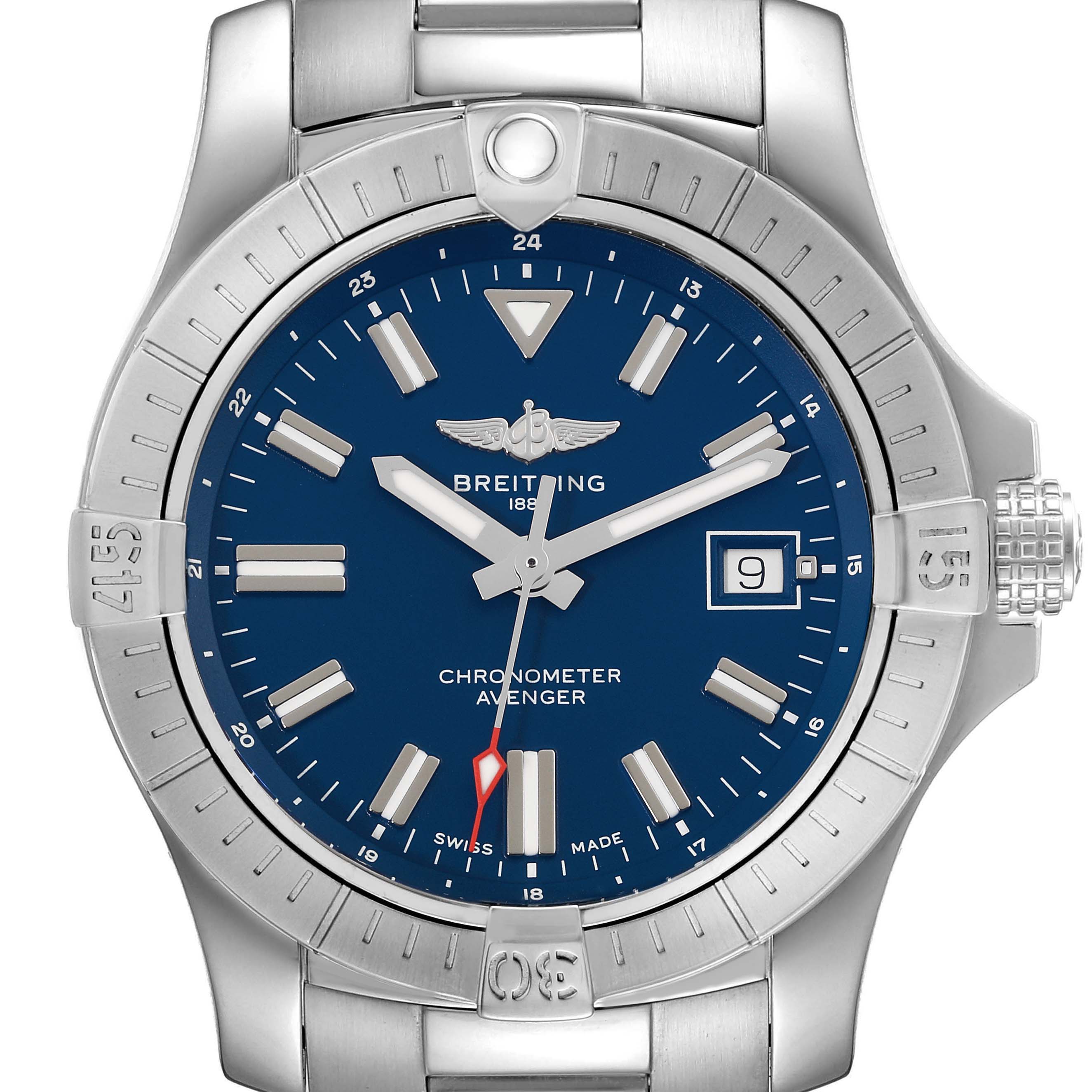 The image shows a front view of a Breitling Avenger A17318 Men's Stainless Steel Blue Dial A17318 Men's Stainless Steel Blue Dial watch, displaying its blue dial, metallic case, and date window at 3 o'clock.