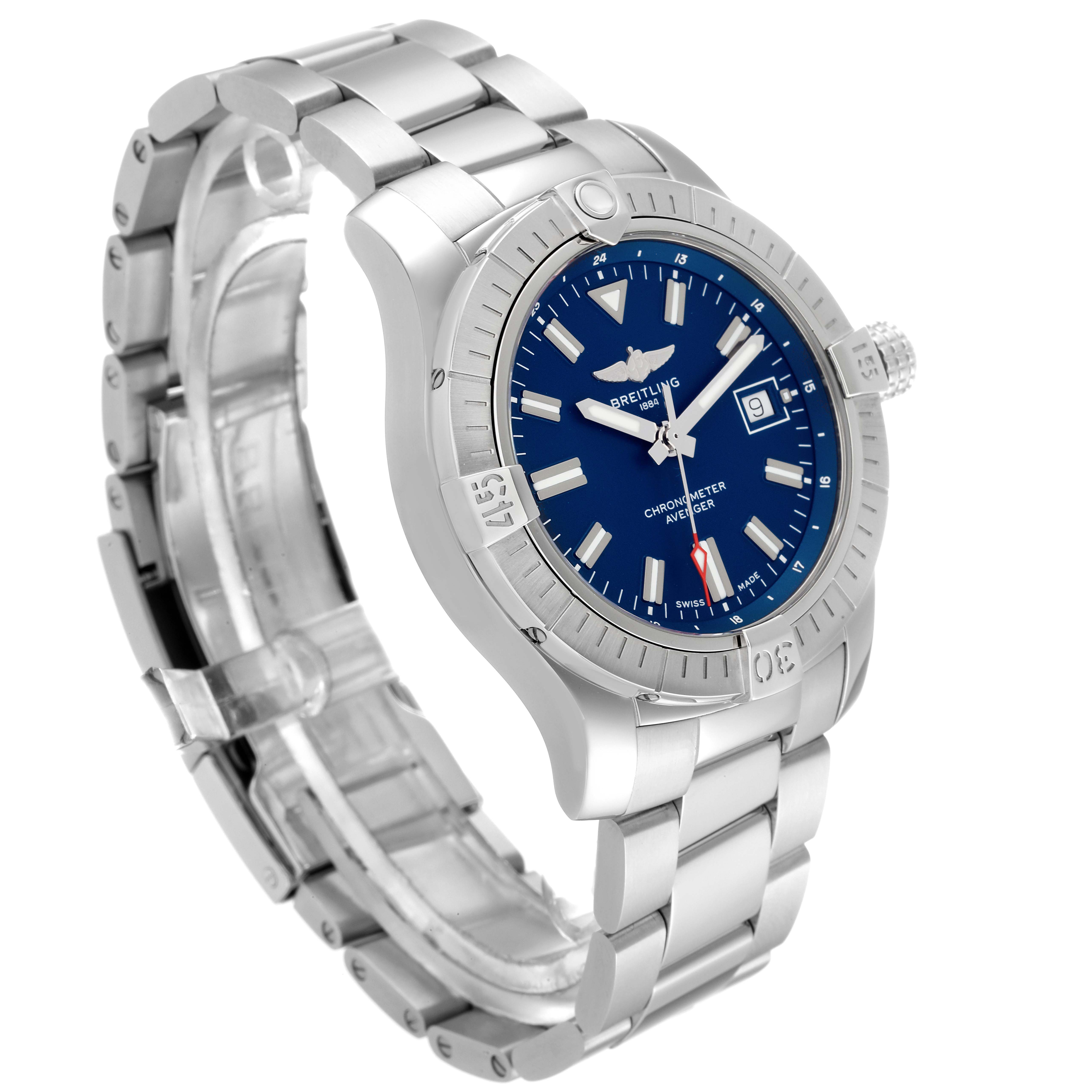 The image shows a Breitling Avenger A17318 Men's Stainless Steel Blue Dial A17318 Men's Stainless Steel Blue Dial watch angled to display the face, bezel, crown, and bracelet.