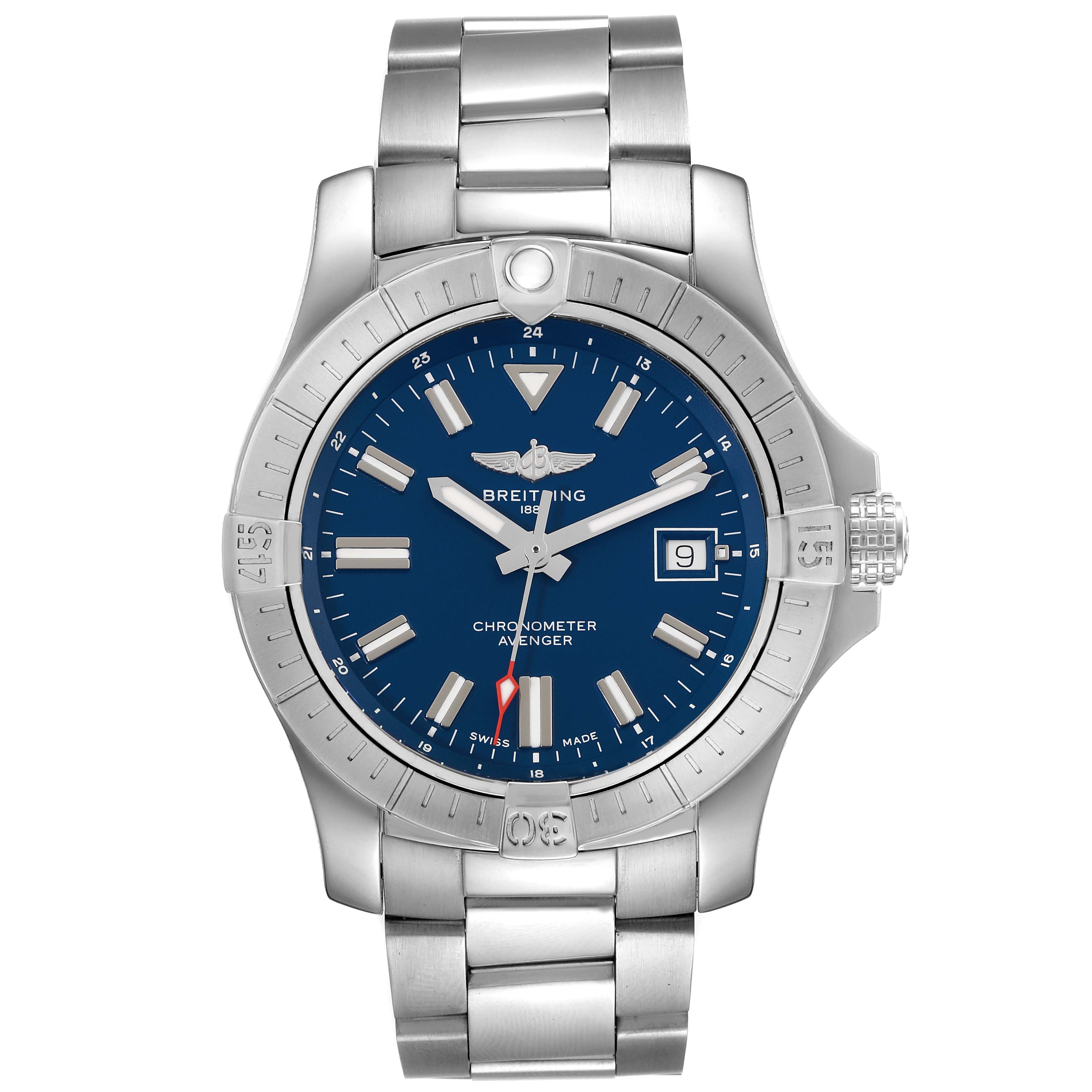 The image shows a front view of the Breitling Avenger A17318 Men's Stainless Steel Blue Dial A17318 Men's Stainless Steel Blue Dial watch, featuring its blue dial, stainless steel case, and bracelet.