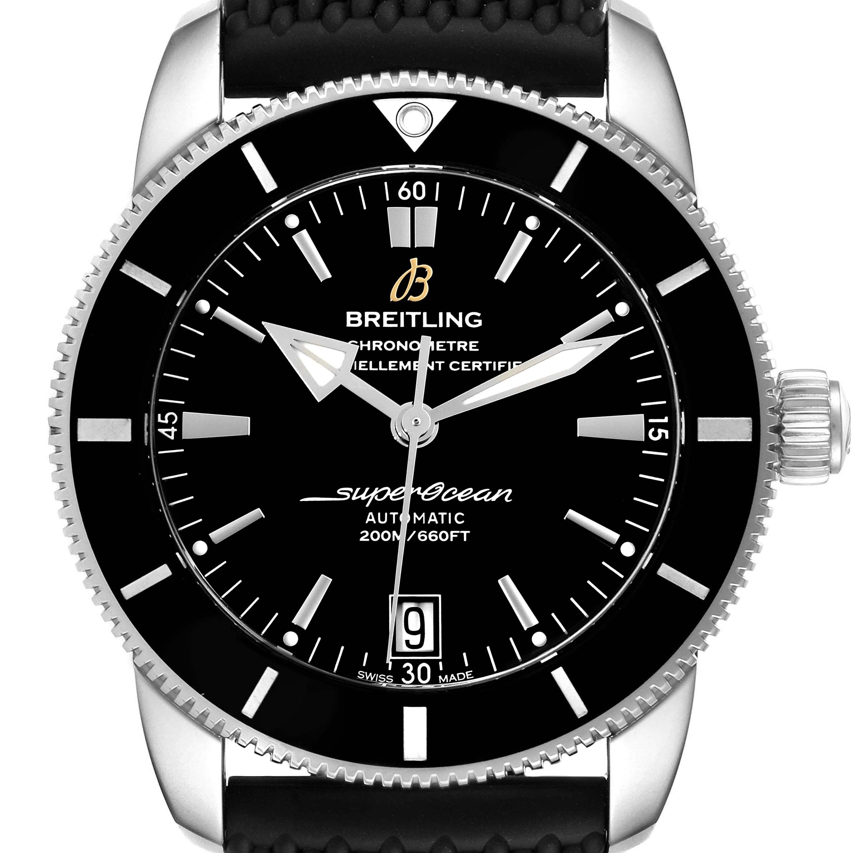 The image shows a frontal view of the Breitling Superocean AB2010 Men's Stainless Steel Black Dial AB2010 Men's Stainless Steel Black Dial watch, highlighting its dial, bezel, crown, and part of the strap.