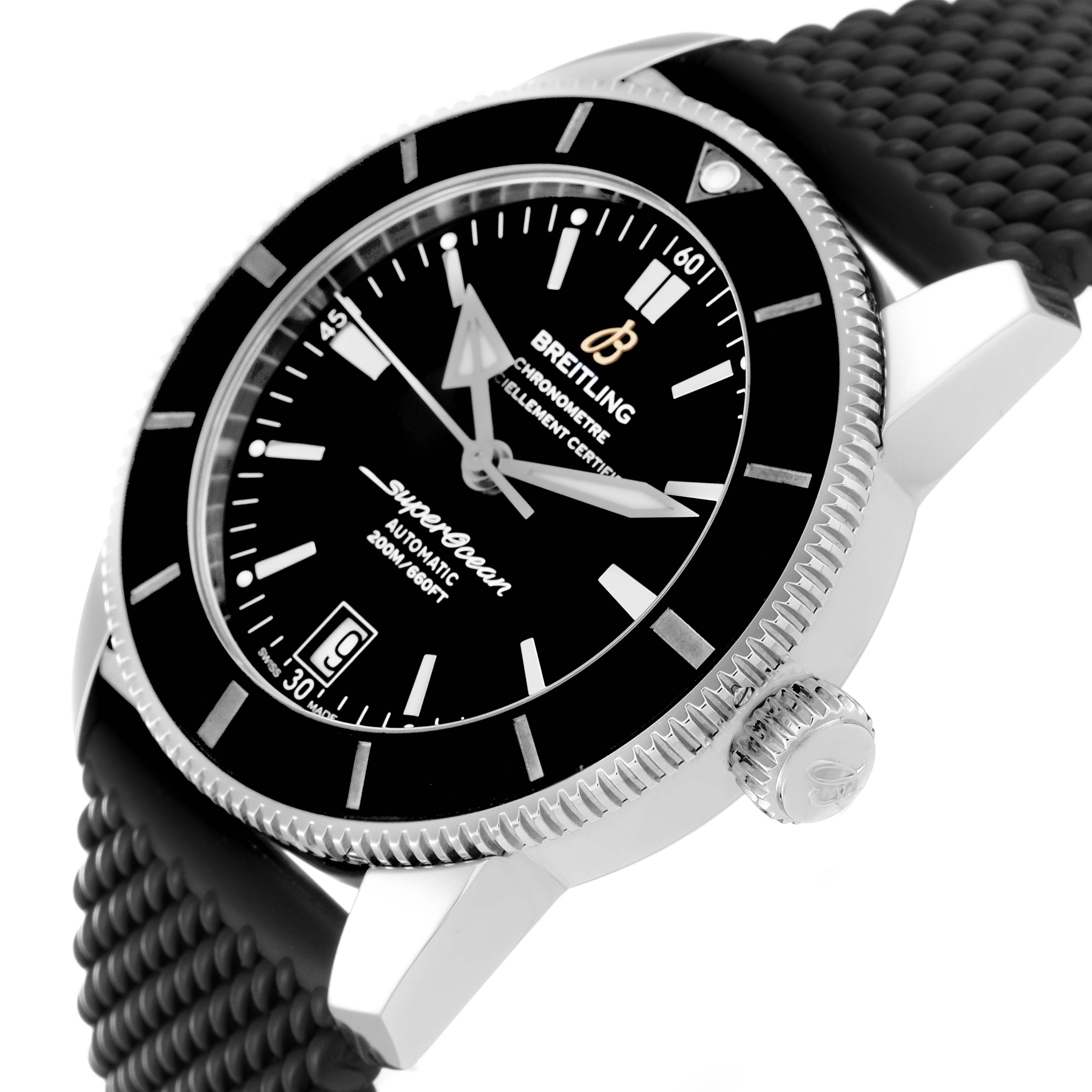 The image shows a side and front view of the Breitling Superocean AB2010 Men's Stainless Steel Black Dial AB2010 Men's Stainless Steel Black Dial watch, highlighting the bezel, crown, dial, and strap.