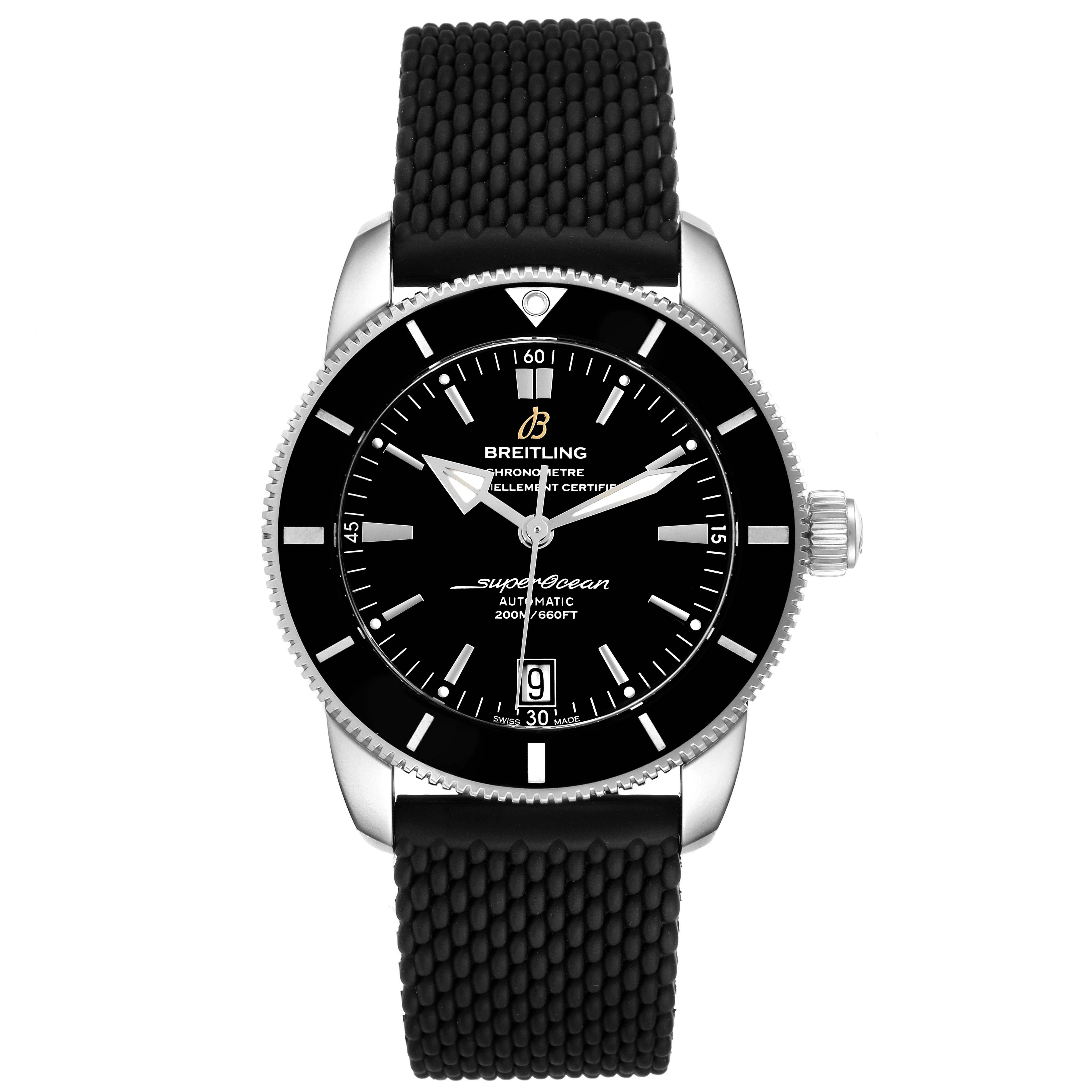 The image shows a front view of the Breitling Superocean AB2010 Men's Stainless Steel Black Dial AB2010 Men's Stainless Steel Black Dial watch, featuring a black dial, bezel, and a textured black strap.