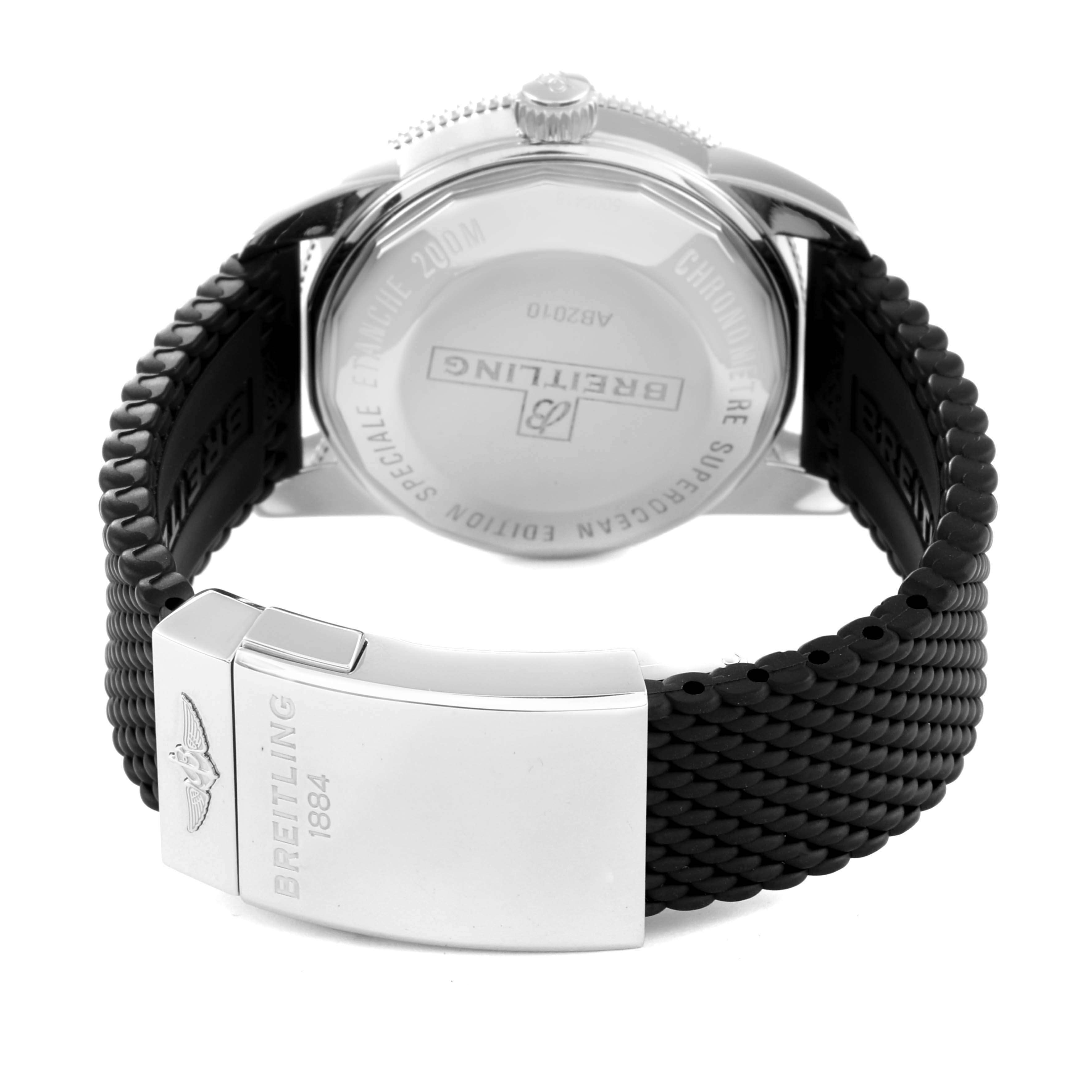 This image shows the back view of the Breitling Superocean AB2010 Men's Stainless Steel Black Dial AB2010 Men's Stainless Steel Black Dial watch, featuring the case back and rubber strap with clasp.