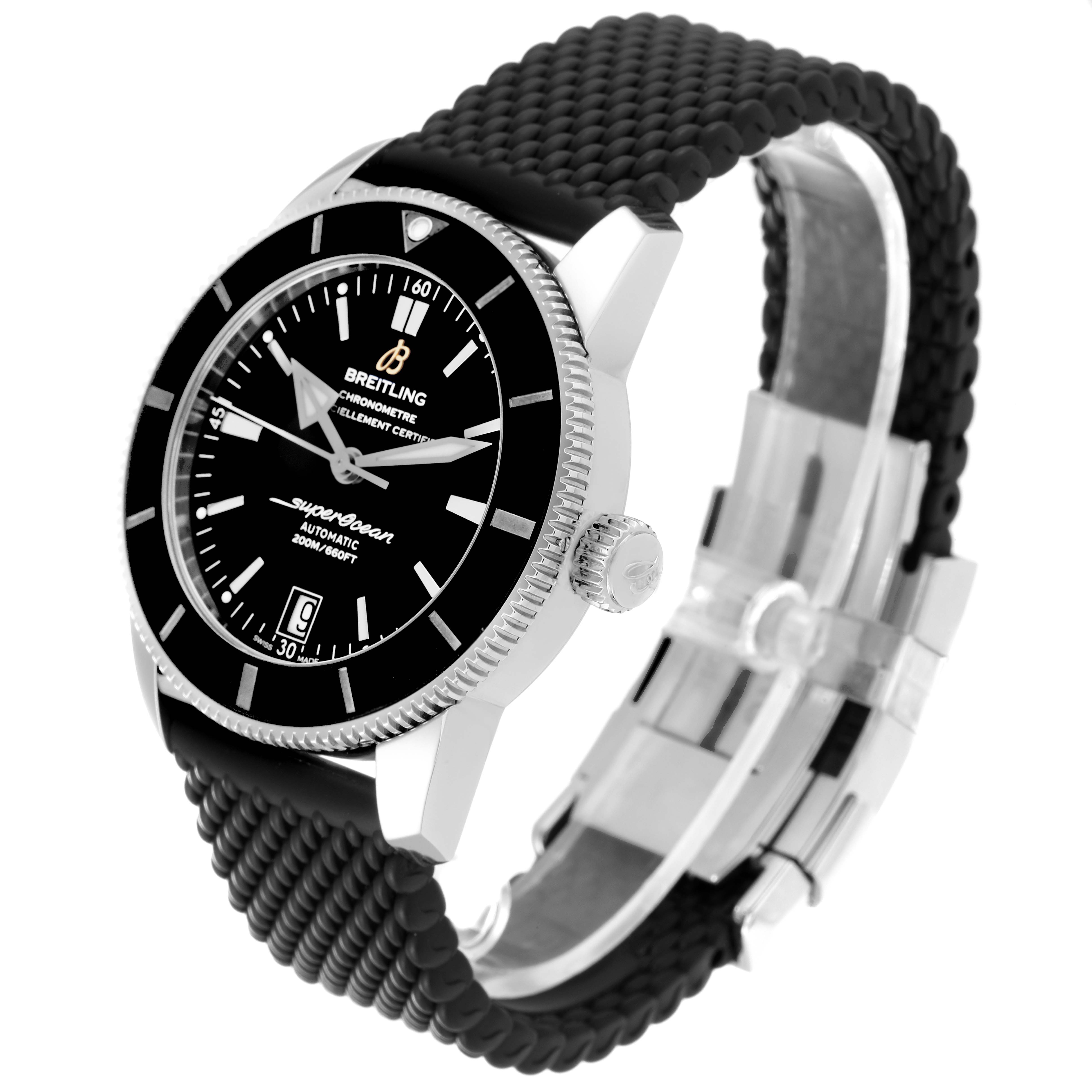 The Breitling Superocean AB2010 Men's Stainless Steel Black Dial AB2010 Men's Stainless Steel Black Dial watch is shown from a front left angle, highlighting the dial, case, bezel, crown, and strap.