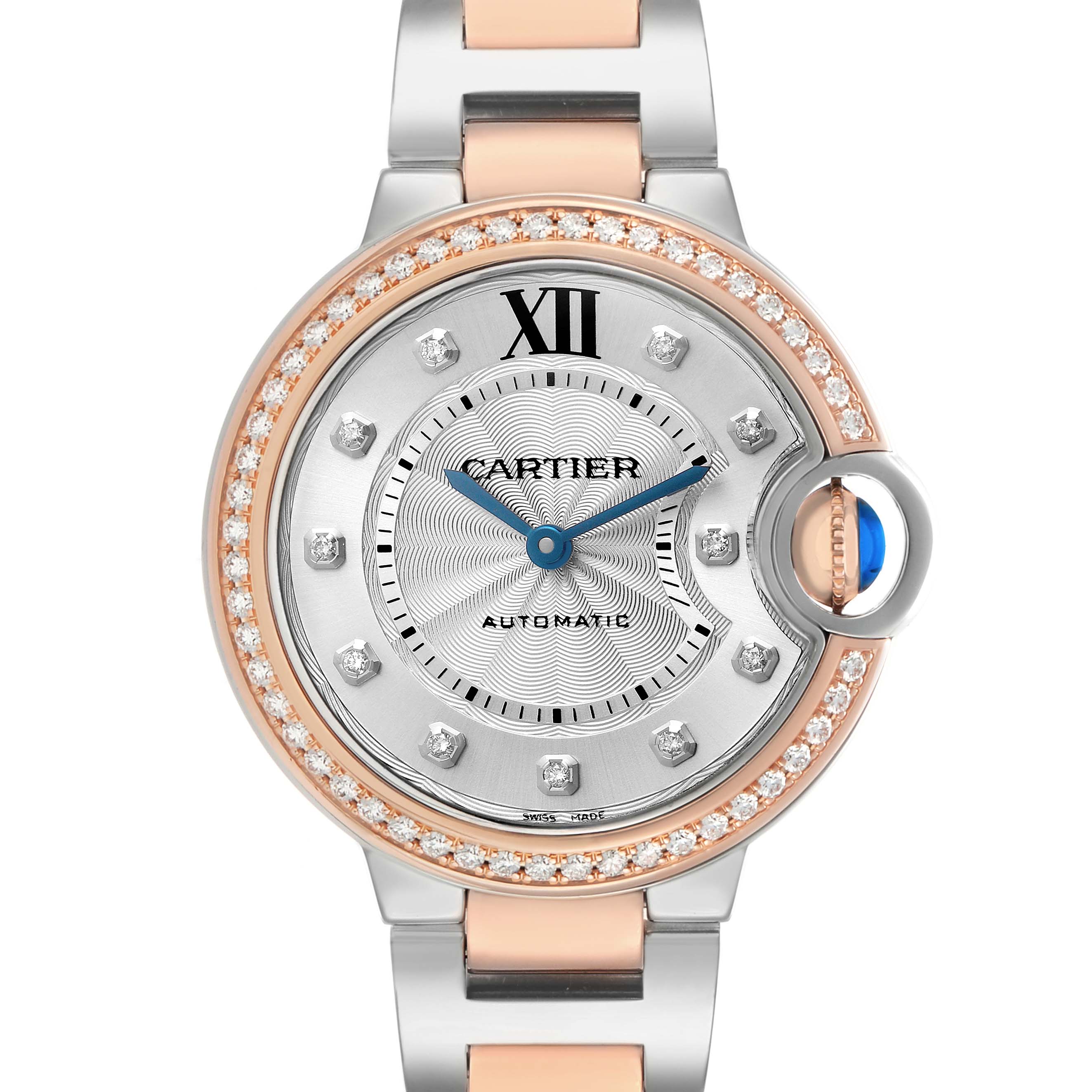 The Cartier Ballon Bleu W3BB0023 Women's Steel and Gold (two tone) White Dial watch is shown from the front, highlighting its diamond bezel, dial, and crown.