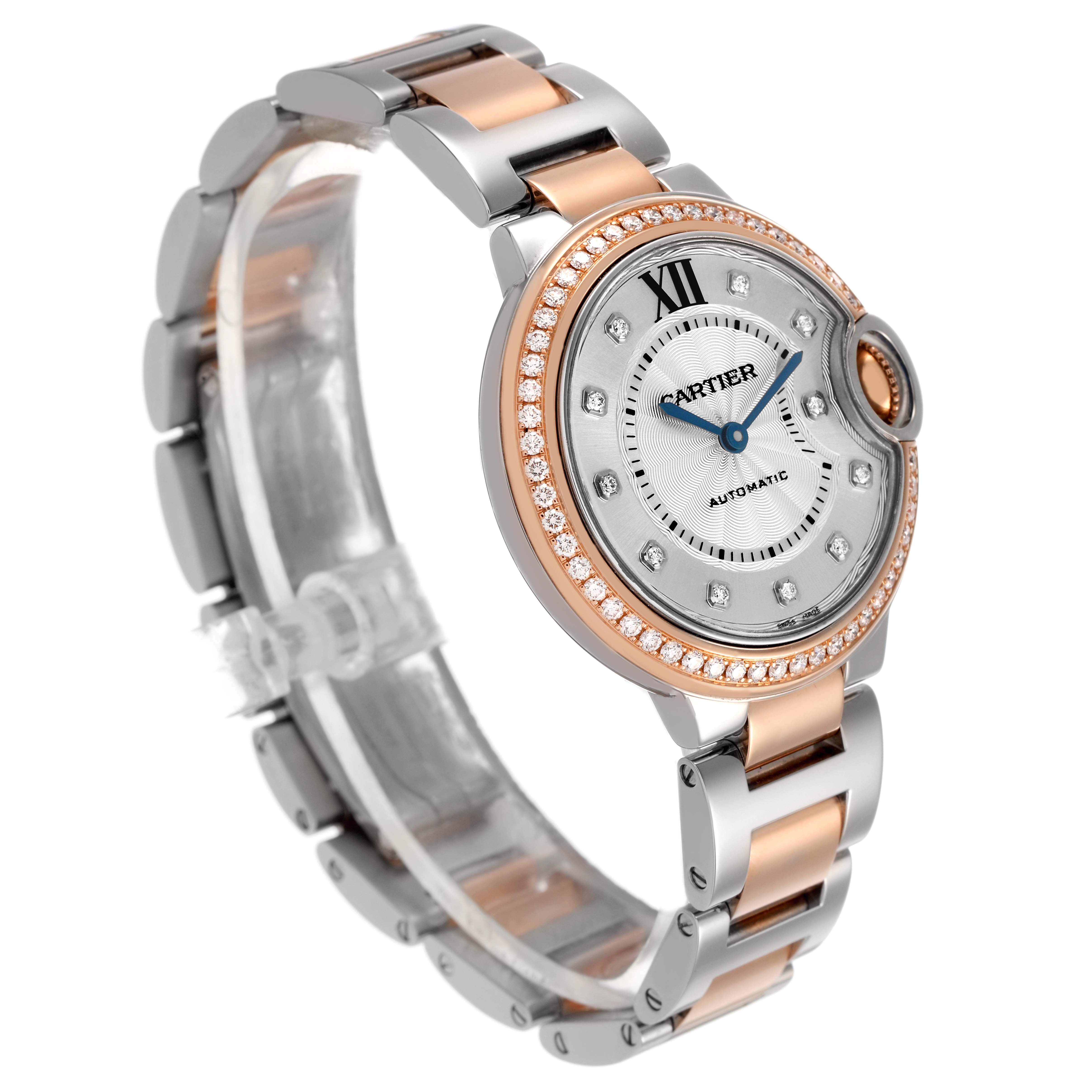 The Cartier Ballon Bleu W3BB0023 Women's Steel and Gold (two tone) White Dial watch is shown at an angle displaying the face, bezel, and two-tone bracelet.