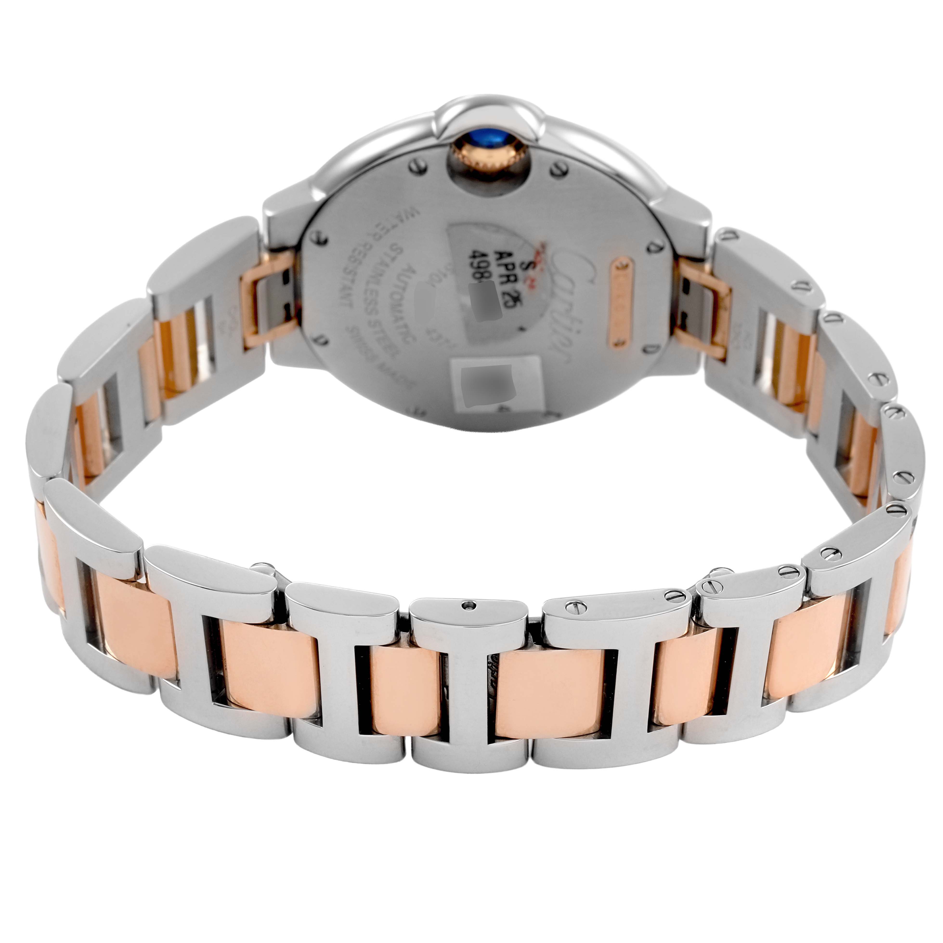 The image shows the back view of the Cartier Ballon Bleu W3BB0023 Women's Steel and Gold (two tone) White Dial watch, highlighting the case back and two-tone bracelet.