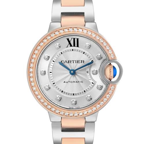 The image shows a front view of the Cartier Ballon Bleu W3BB0023 Women's Steel and Gold (two tone) White Dial watch, highlighting the face, bezel, and bracelet.