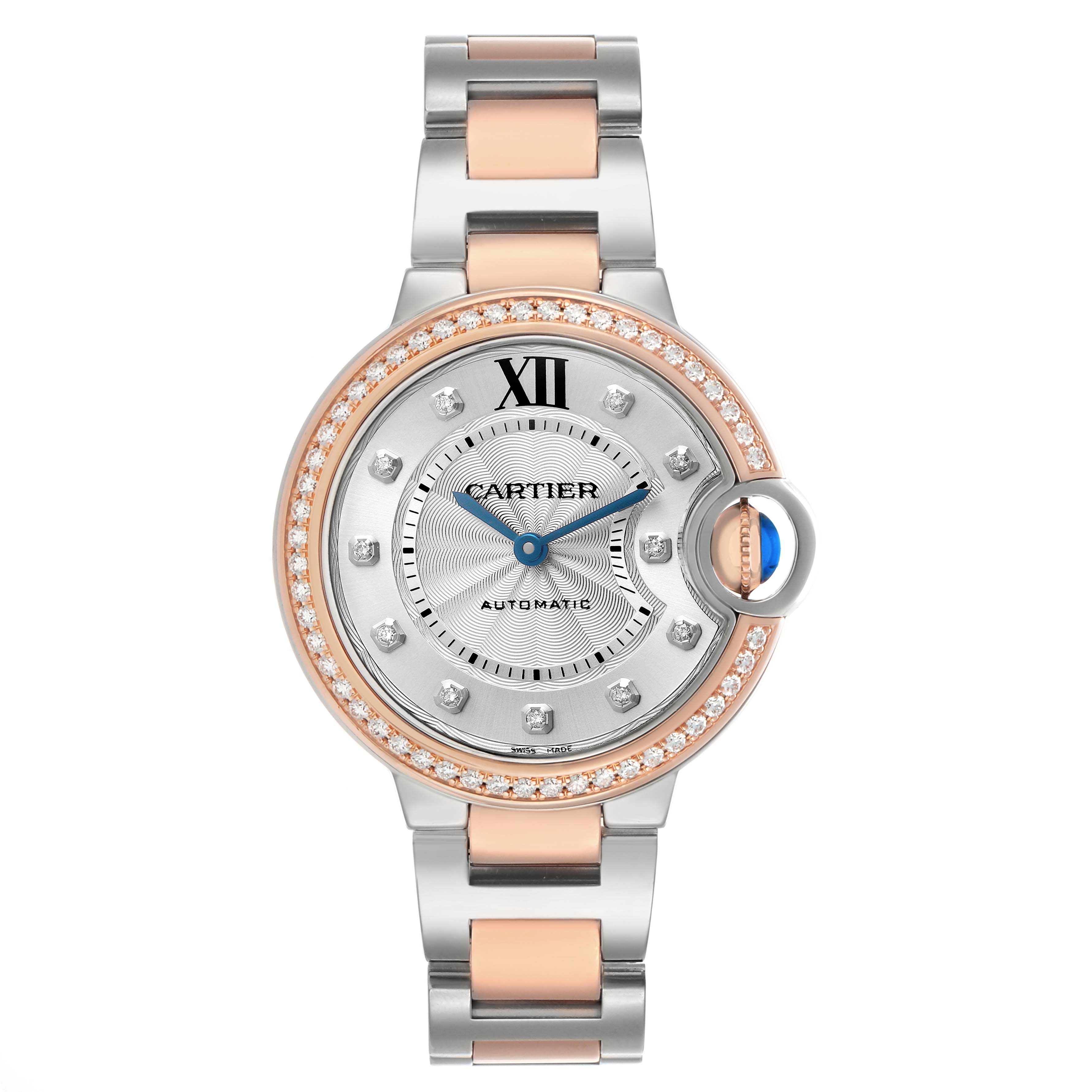 The Cartier Ballon Bleu W3BB0023 Women's Steel and Gold (two tone) White Dial watch is shown from a top-down angle, highlighting its round face, diamond bezel, and two-tone bracelet.