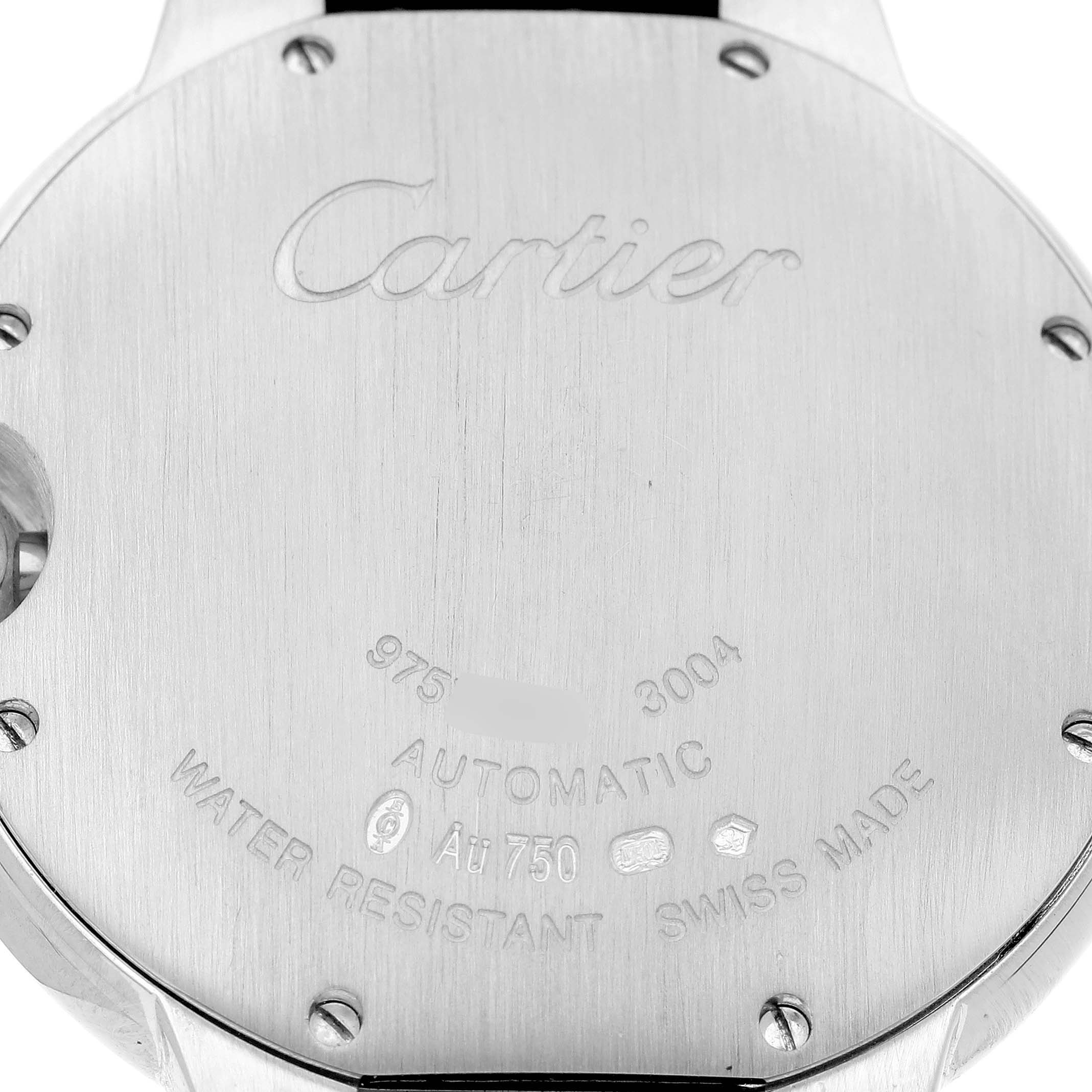 The image shows the back case of the Cartier Ballon Bleu WE900651 Women's White Gold White Dial watch, highlighting inscriptions and screws.