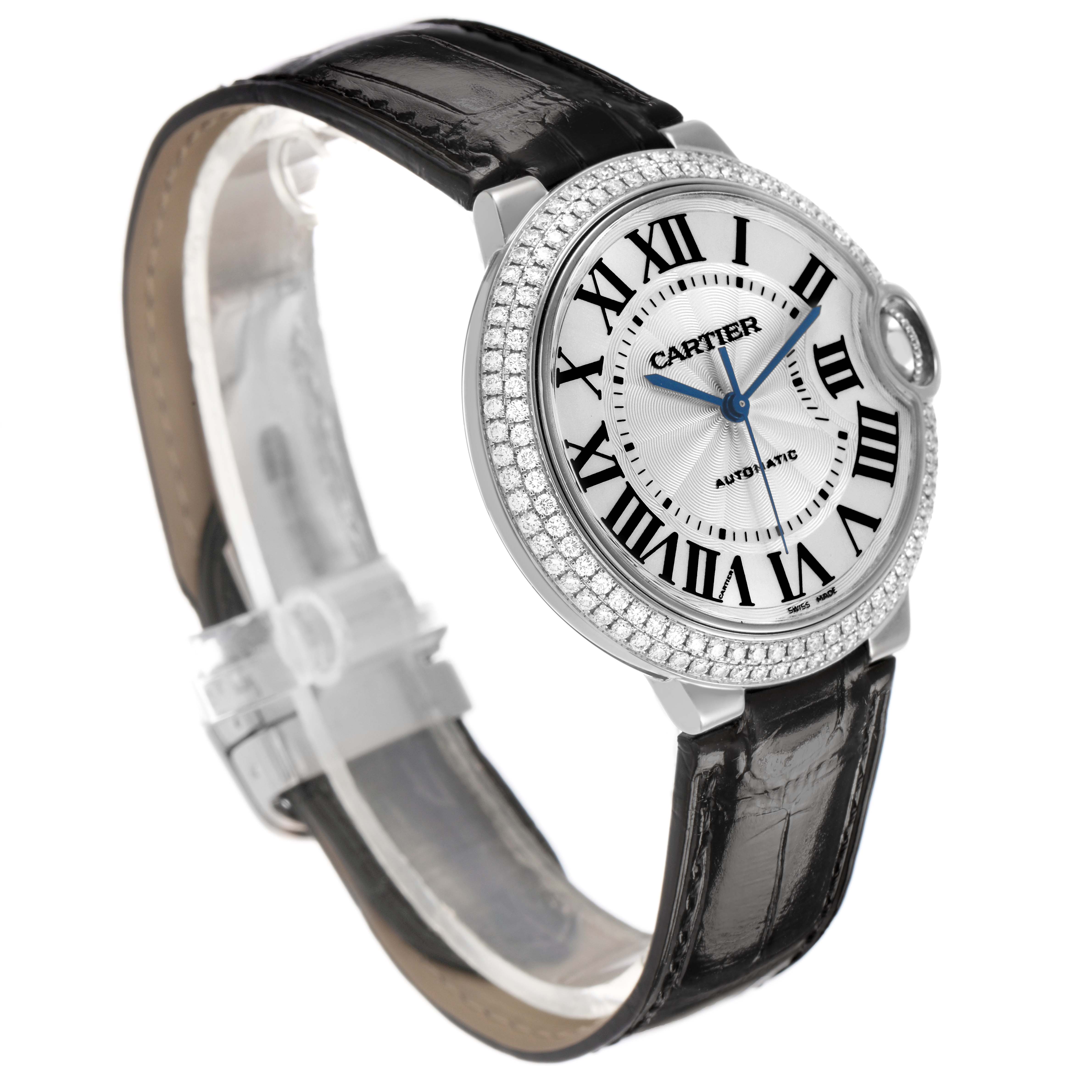 The Cartier Ballon Bleu WE900651 Women's White Gold White Dial watch is shown at a three-quarter angle, highlighting the face, Roman numerals, and leather strap.