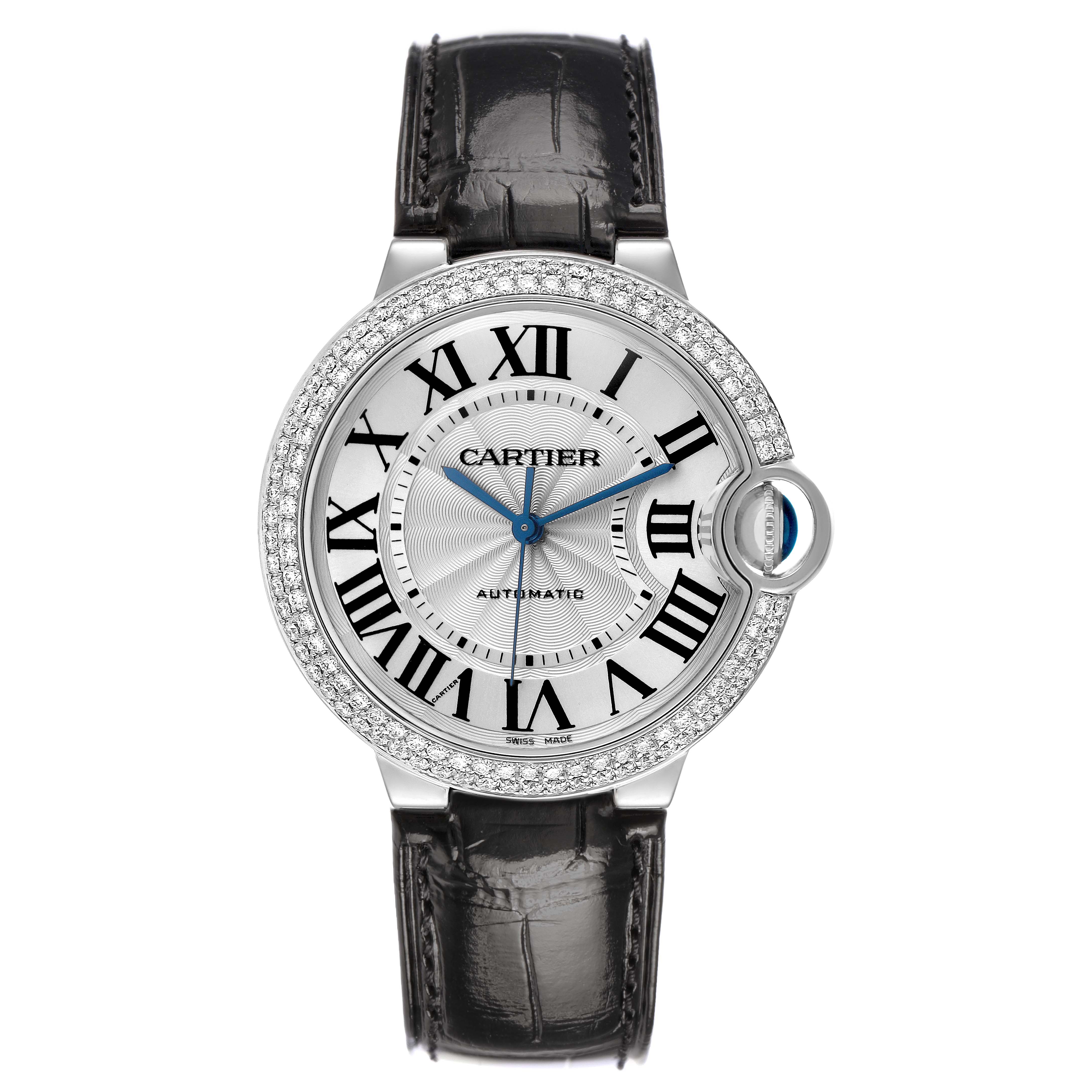 The Cartier Ballon Bleu WE900651 Women's White Gold White Dial watch is shown from the front, highlighting its dial, diamond bezel, and leather strap.