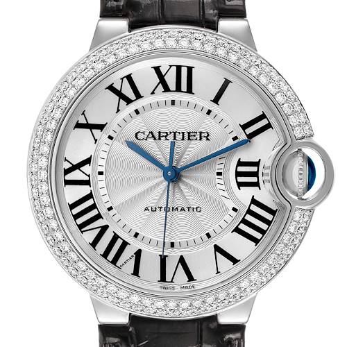The Cartier Ballon Bleu WE900651 Women's White Gold White Dial watch is shown from the front, displaying the dial, Roman numerals, and diamond-studded bezel.