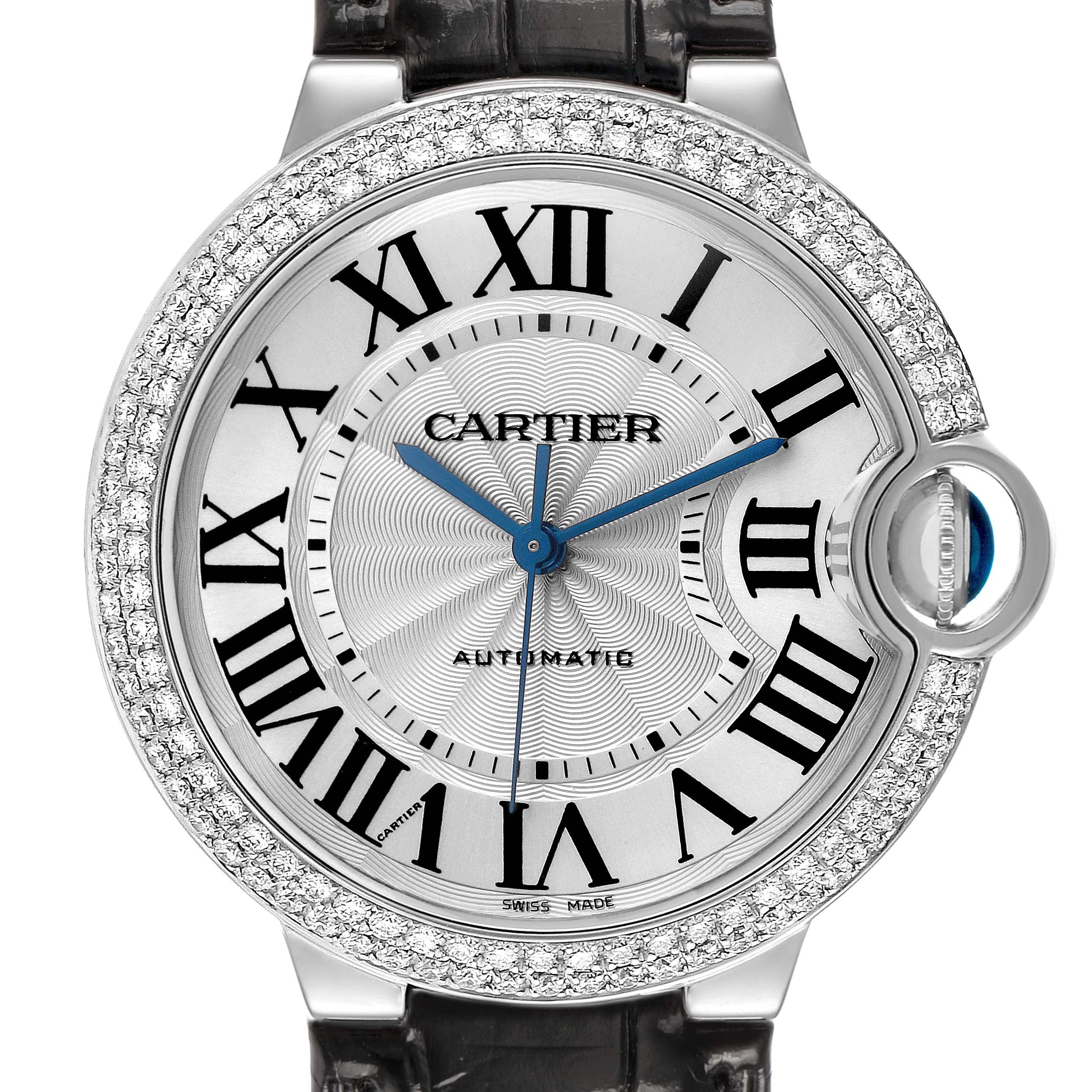 The image shows a Cartier Ballon Bleu WE900651 Women's White Gold White Dial watch from the front, highlighting the dial, Roman numerals, and diamond-set bezel.