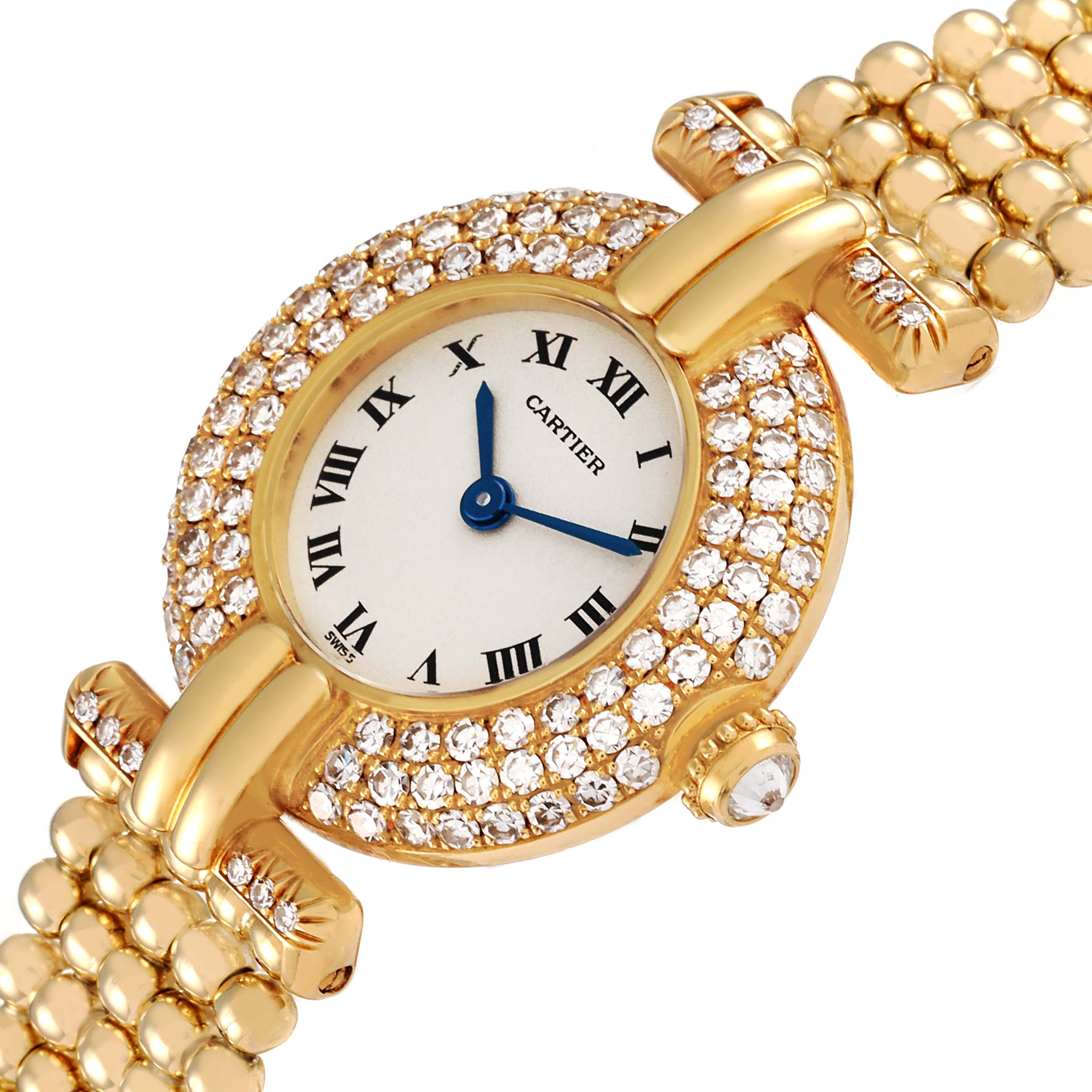 The image shows a close-up angle of a Cartier Colisee WB1018A8 Women's Yellow Gold Silver Dial WB1018A8 Women's Yellow Gold Silver Dial watch, highlighting the diamond-studded bezel and gold bracelet.
