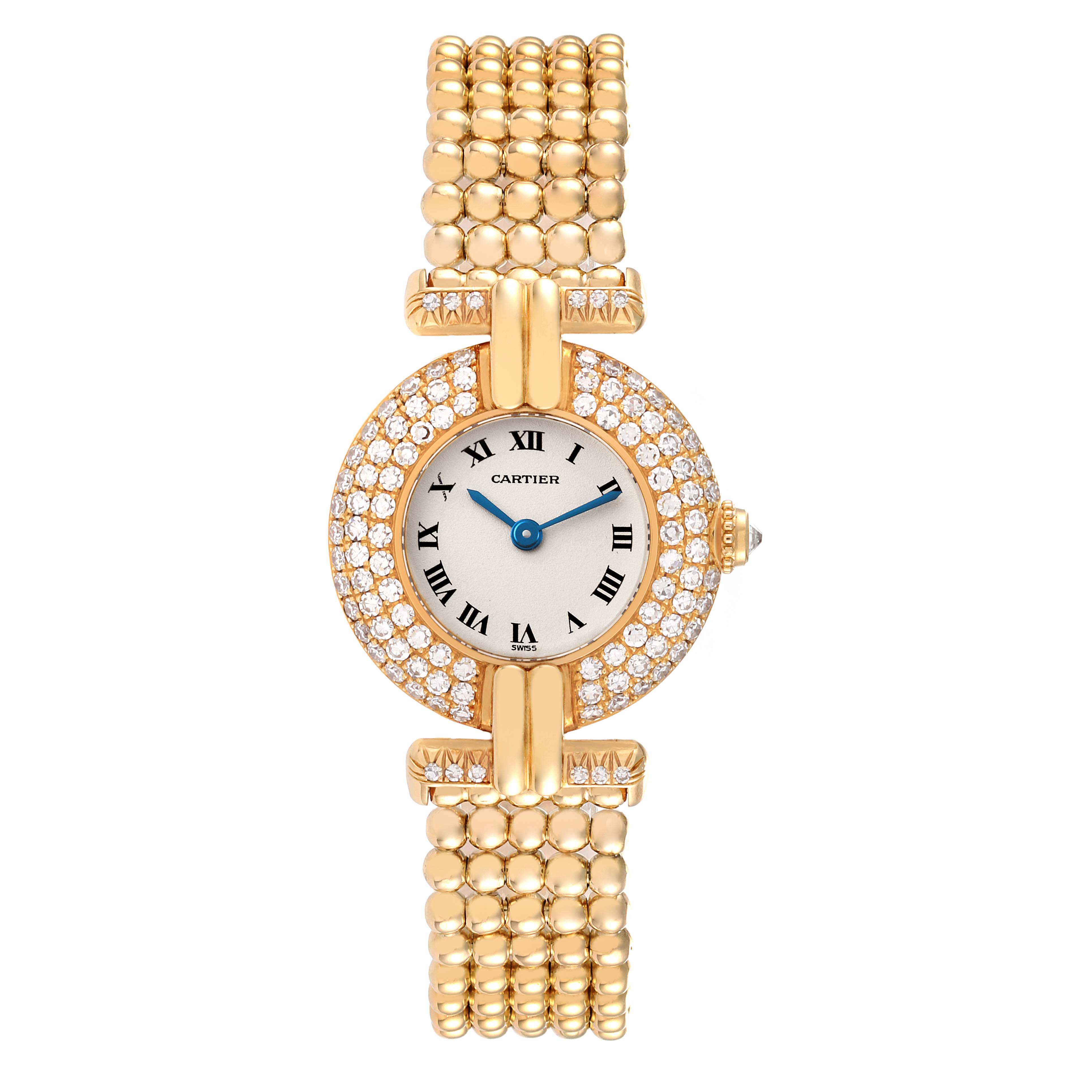 The image shows a Cartier Colisee WB1018A8 Women's Yellow Gold Silver Dial WB1018A8 Women's Yellow Gold Silver Dial watch from a top-down angle, highlighting its round face, bejeweled bezel, and gold band.