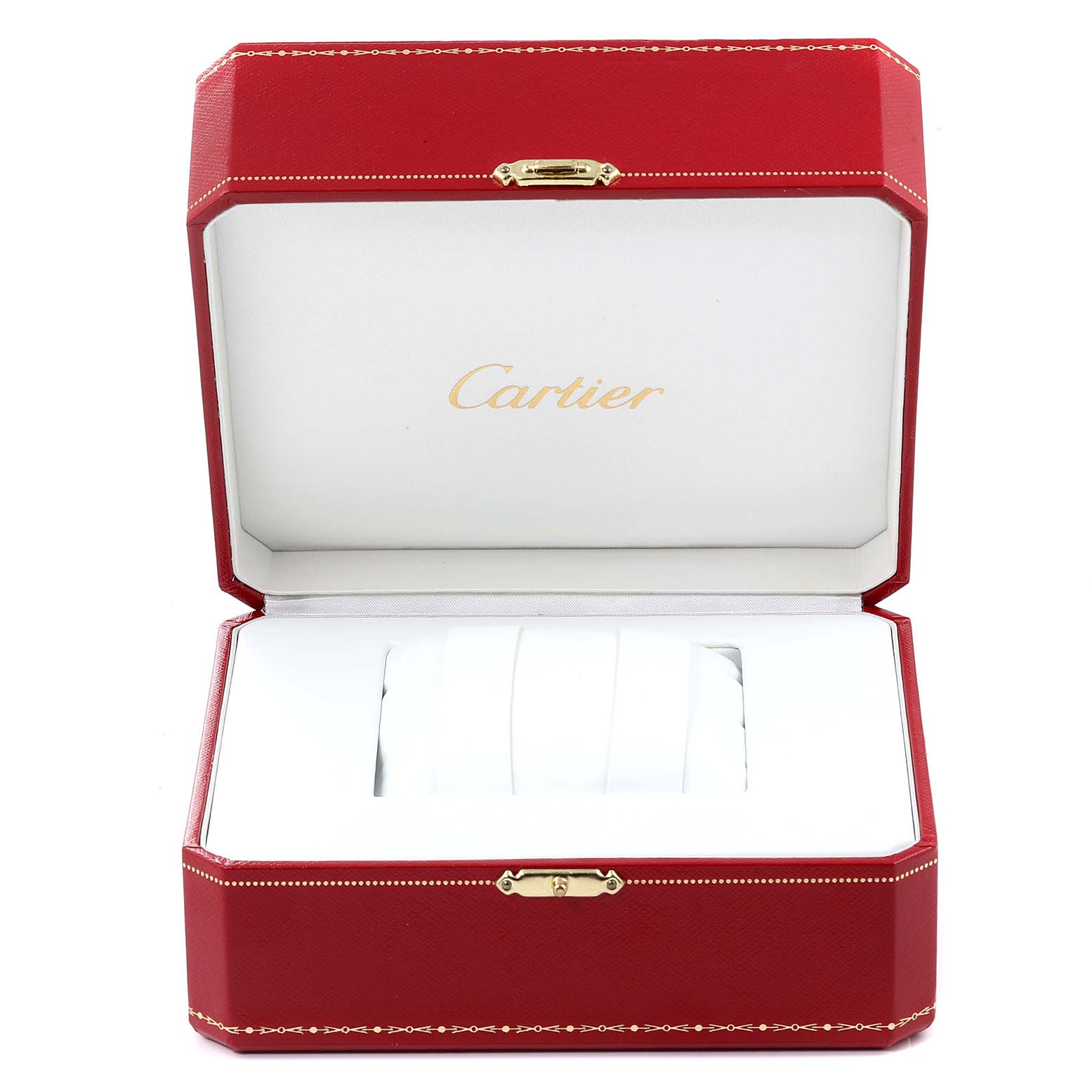 The image shows an open red box for a Cartier Colisee WB1018A8 Women's Yellow Gold Silver Dial WB1018A8 Women's Yellow Gold Silver Dial model watch, displaying the empty slots for the watch and accessories.