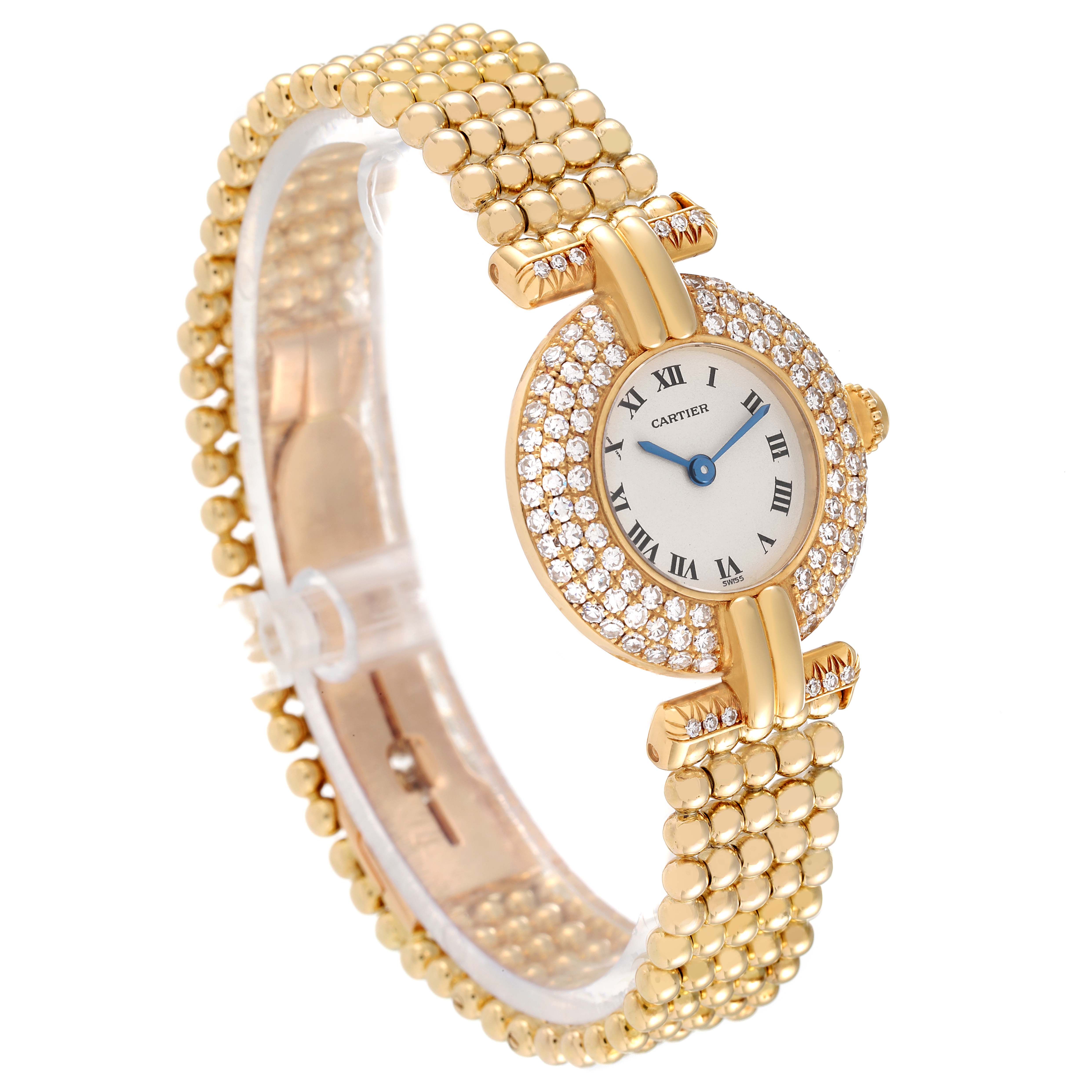 The image shows a Cartier Colisee WB1018A8 Women's Yellow Gold Silver Dial WB1018A8 Women's Yellow Gold Silver Dial model watch at a slightly angled view, highlighting its gold band and diamond-encrusted bezel.